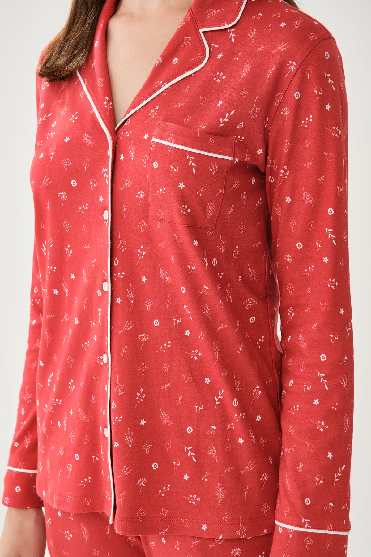 Mercan Gömlek Yaka Pamuk Pijama Takımı
