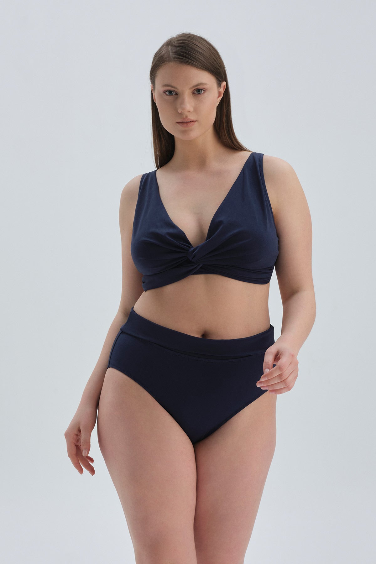 Lacivert Yüksel Bel Katlamalı Bikini Alt