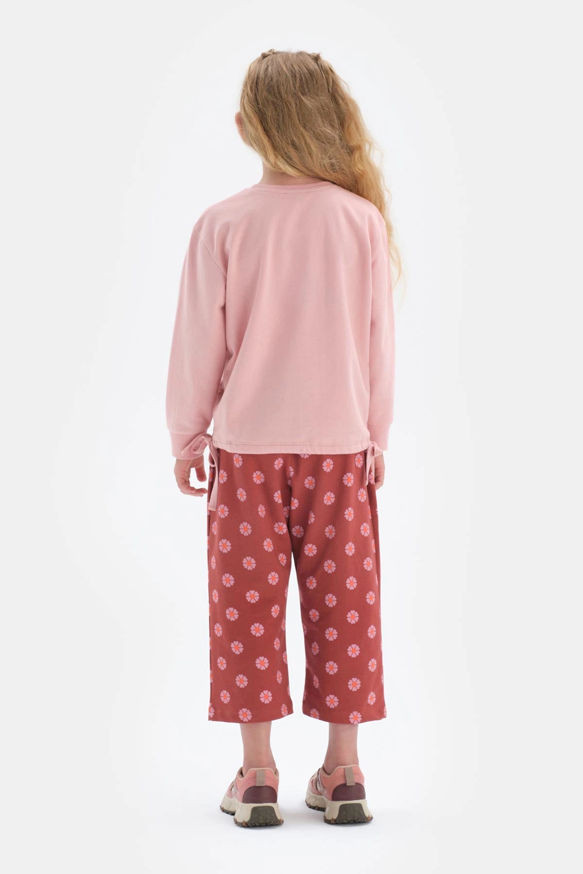 Pembe Kız Çocuk Uzun Kol Bisiklet Yaka Etek Ucu Bağlama Detaylı Sweatshırt