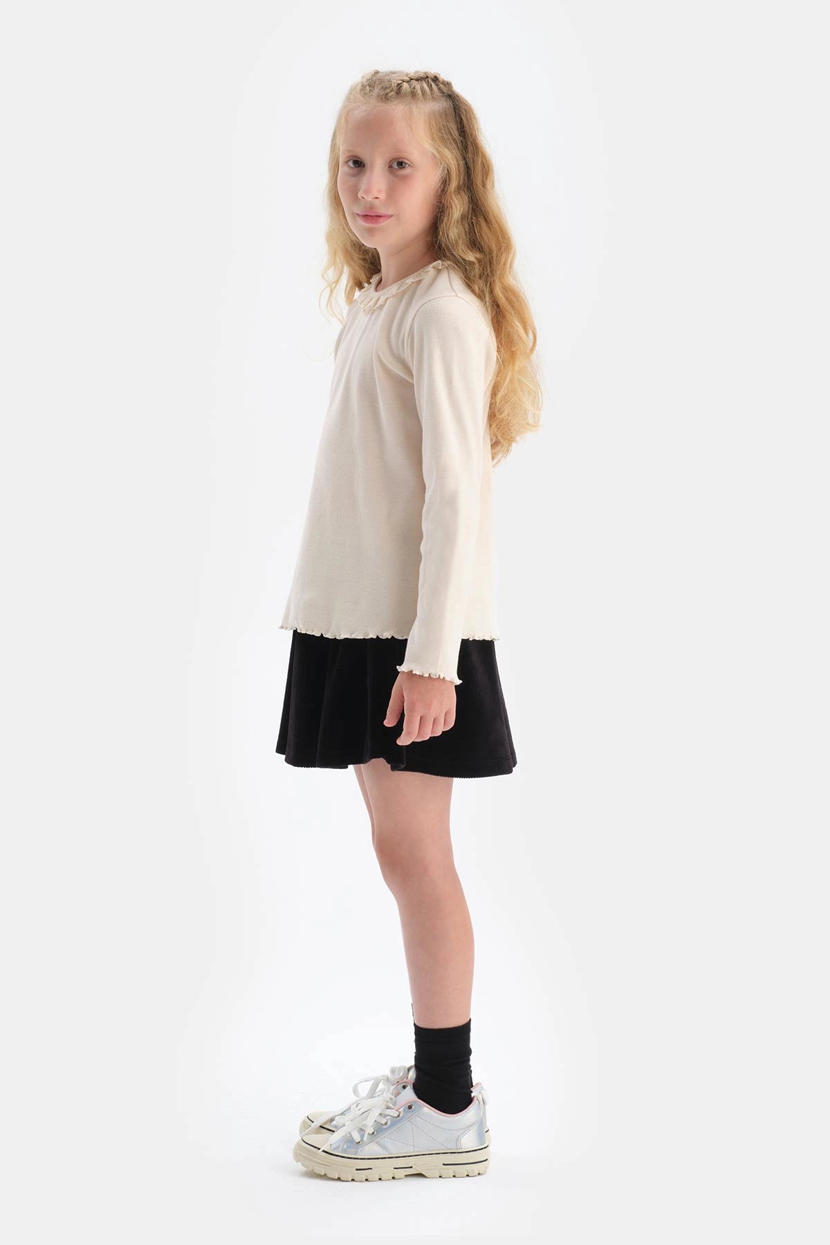 Siyah Kız Çocuk Lurex Lastik Detaylı Kadife Etek