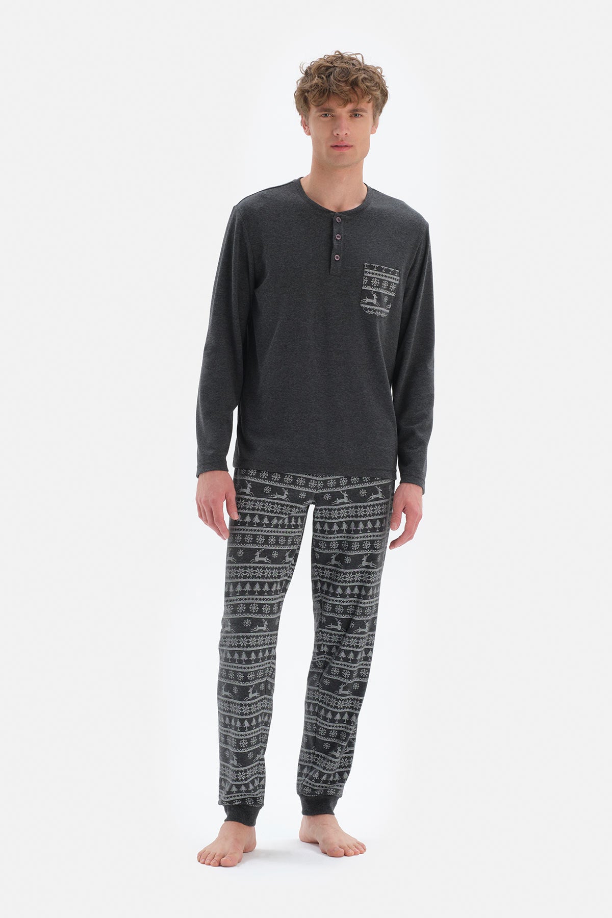 Antrasit Düğmeli Yaka Takma Cep Detaylı Pijama Takımı