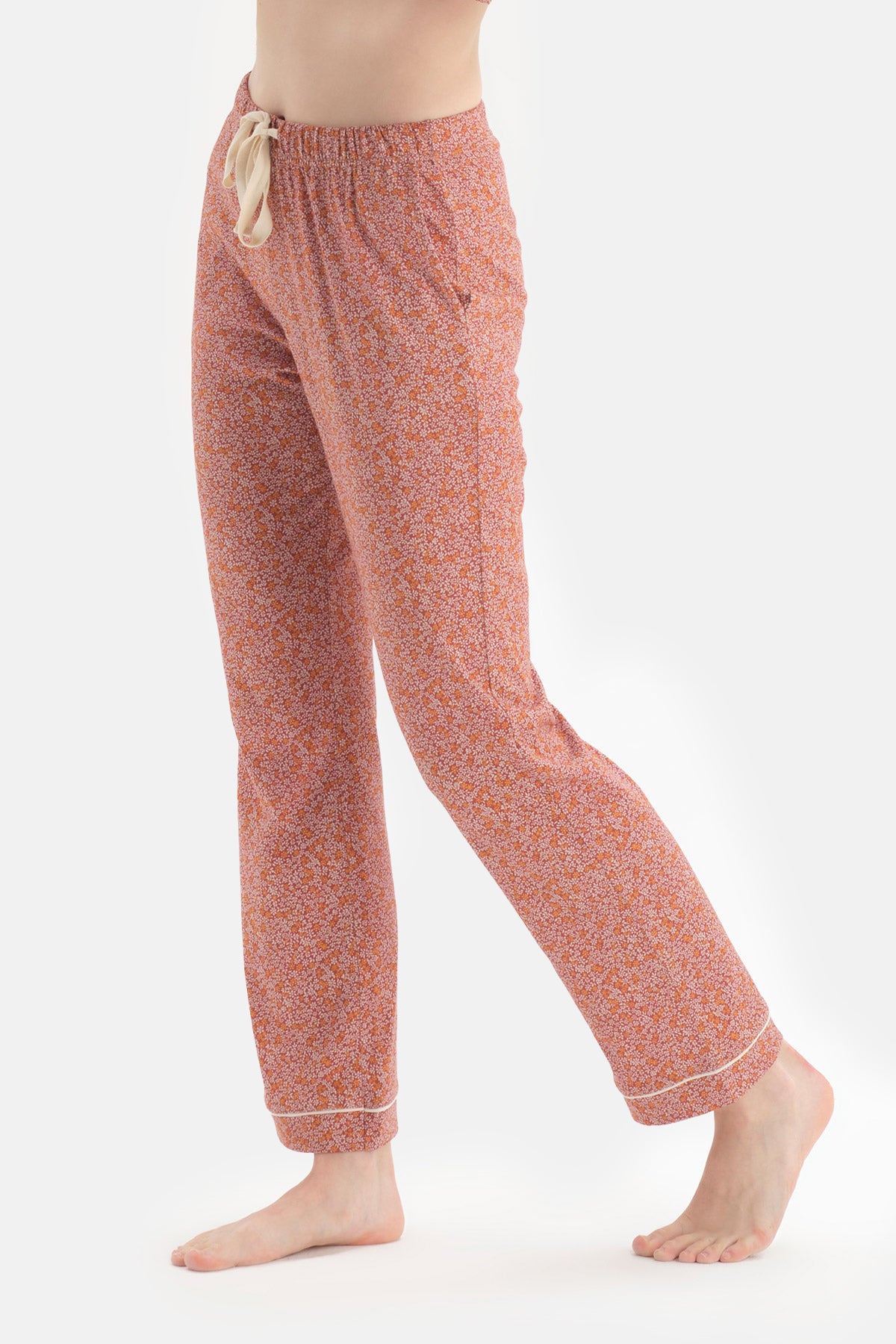 Kiremit Çiçek Baskılı Bebe Yaka Pamuklu Pijama Takımı