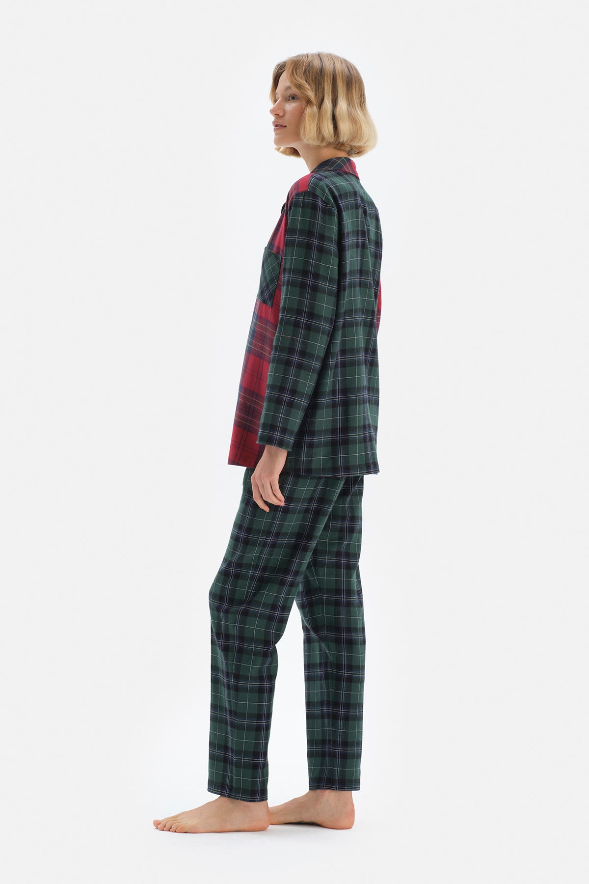 Yeşil Ceket Yaka Ekoseli Pamuklu Pijama Takımı