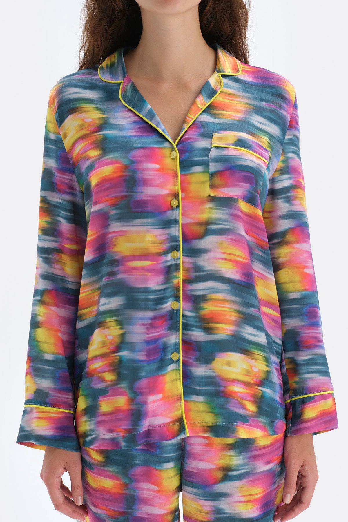 Multicolour Metraj Baskılı Gömlek Yaka Saten Pijama Takımı