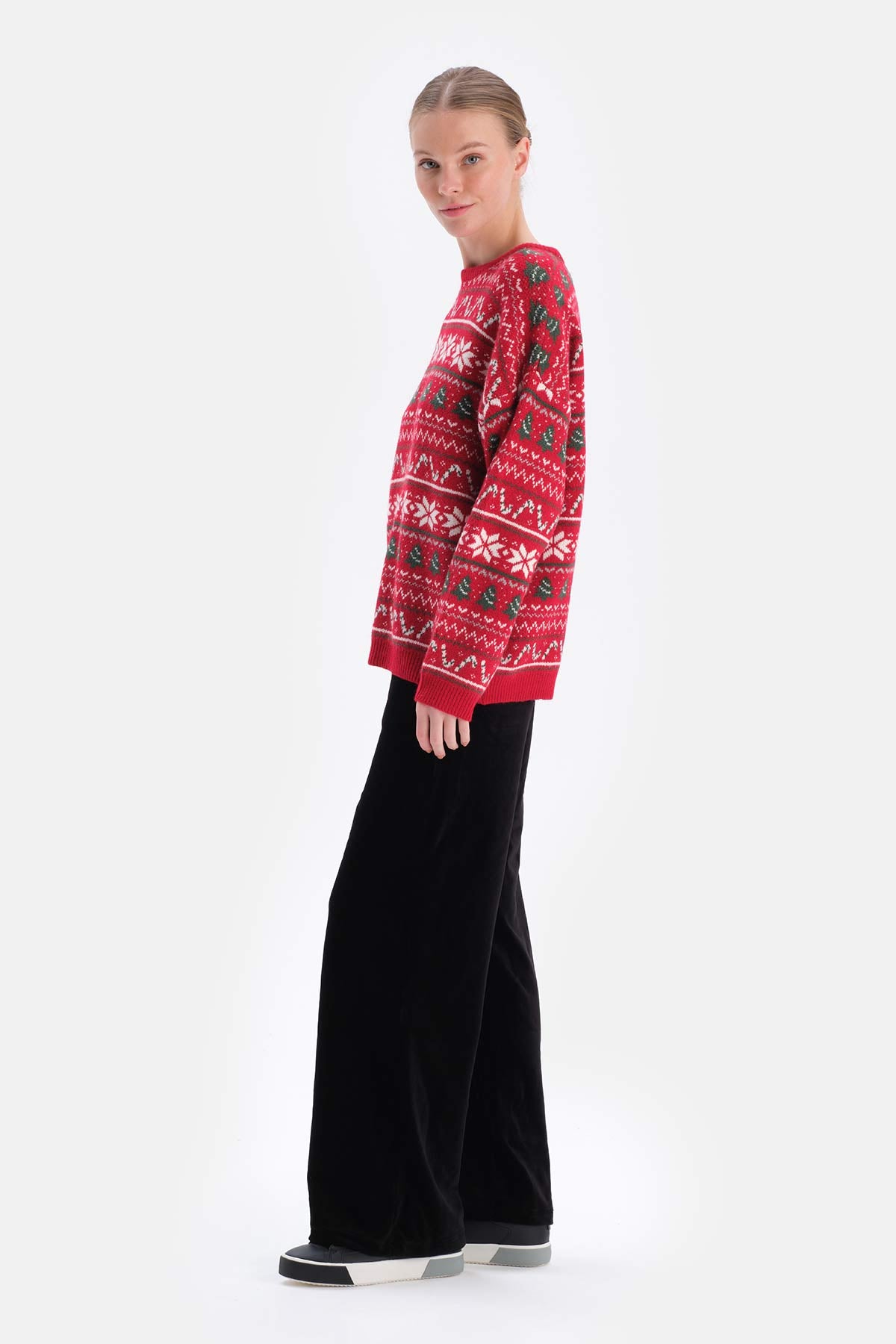 Kırmızı Yılbaşı Temalı Oversize Triko Kazak
