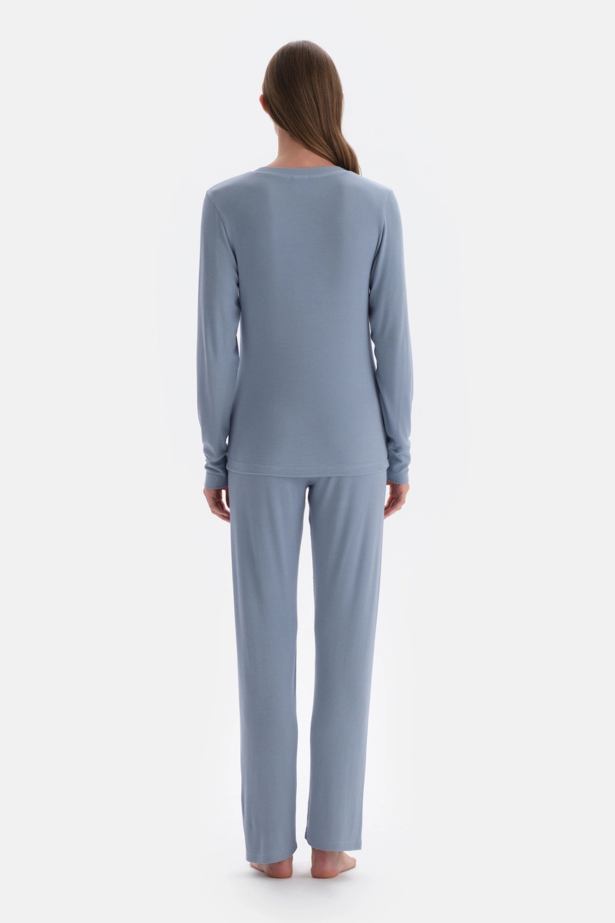 Mavi Ribli Viskon Örme Pijama Takımı