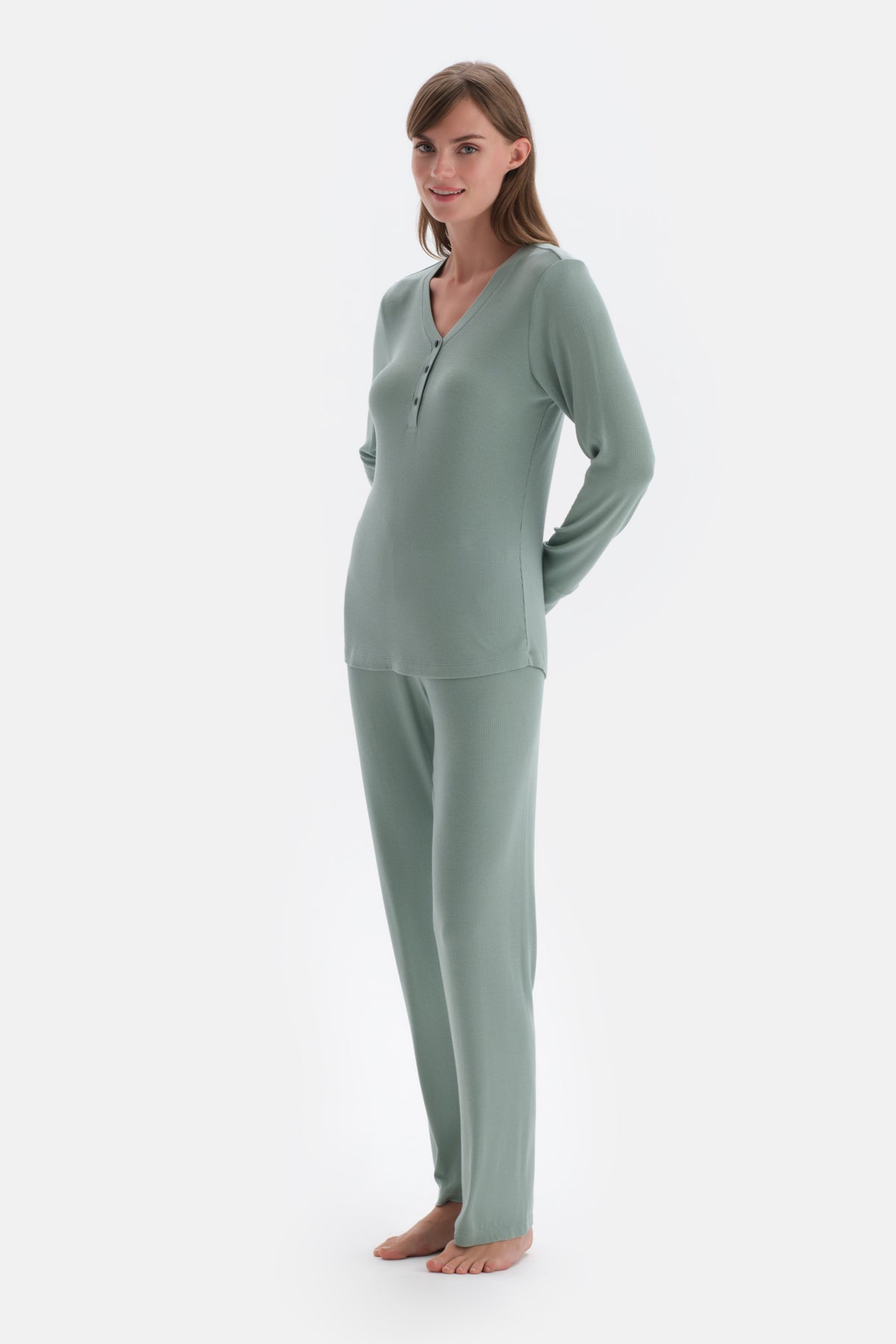 Yeşil Ribli Viskon Örme Pijama Takımı