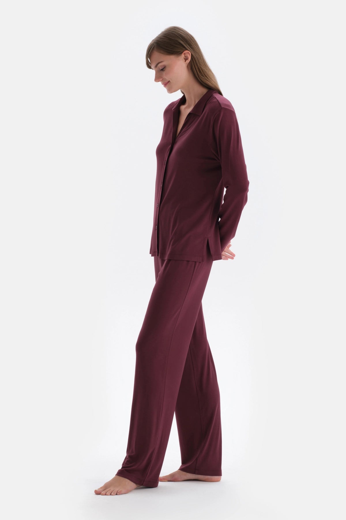 Bordo Gömlek Yaka Basic Modal Pijama Takımı