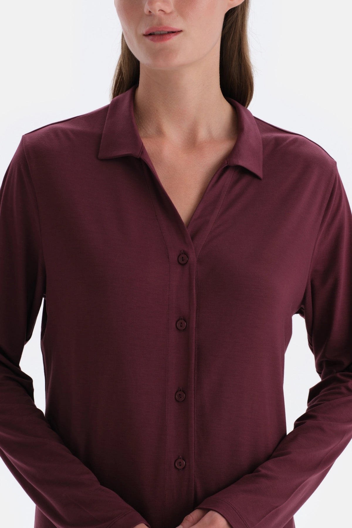 Bordo Gömlek Yaka Basic Modal Pijama Takımı
