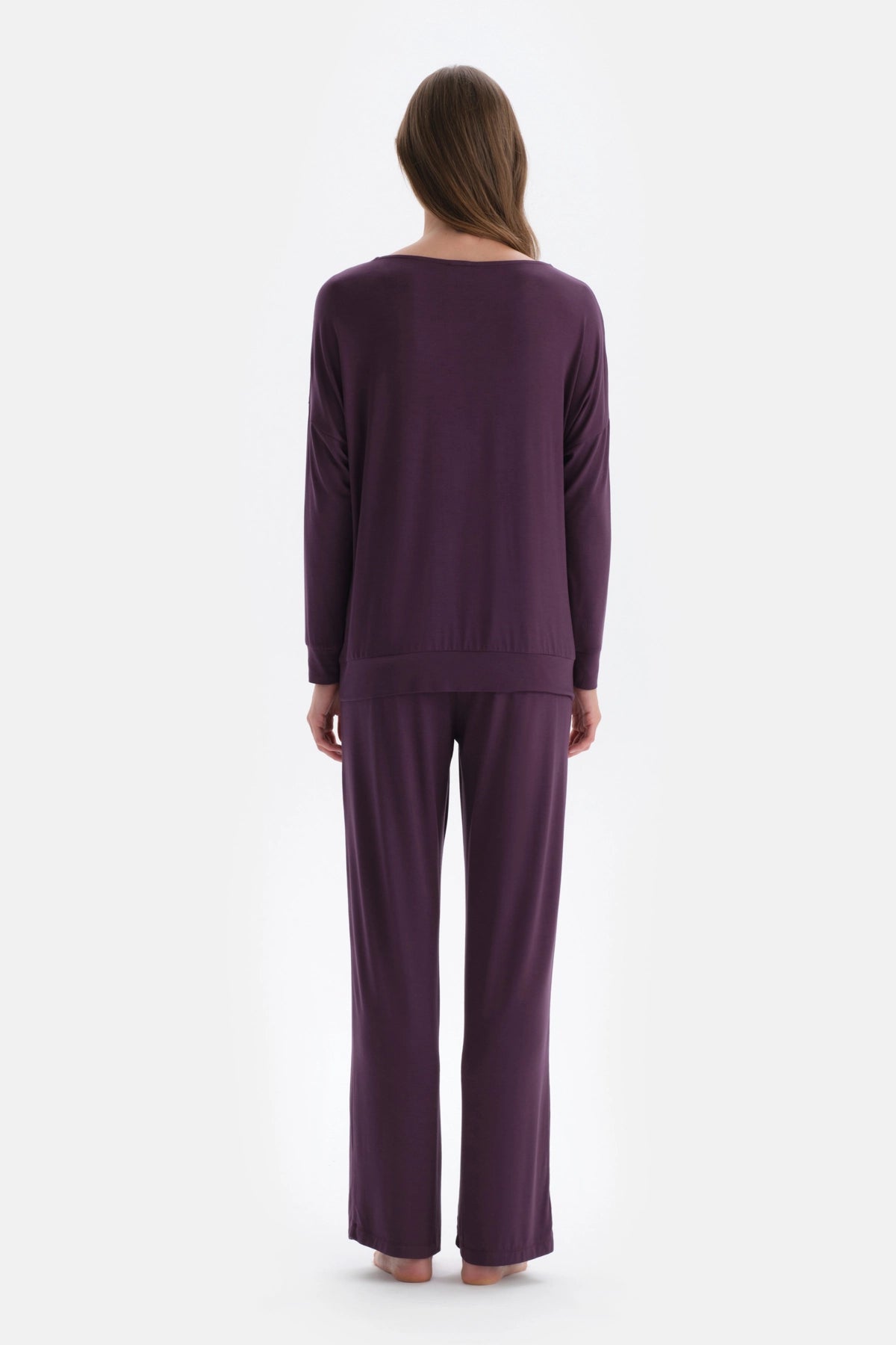 Mor Kayık Yaka Uzun Kollu Modal Pijama Takımı