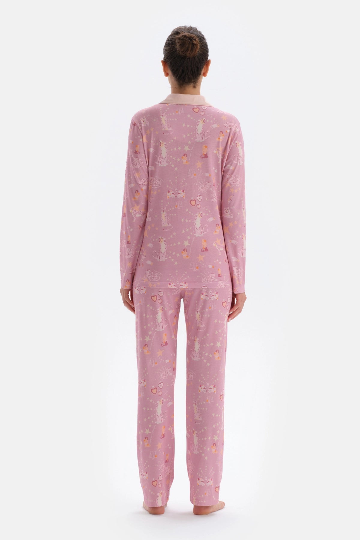Pembe Metraj Baskılı Gömlek Pantolon Pijama Takımı