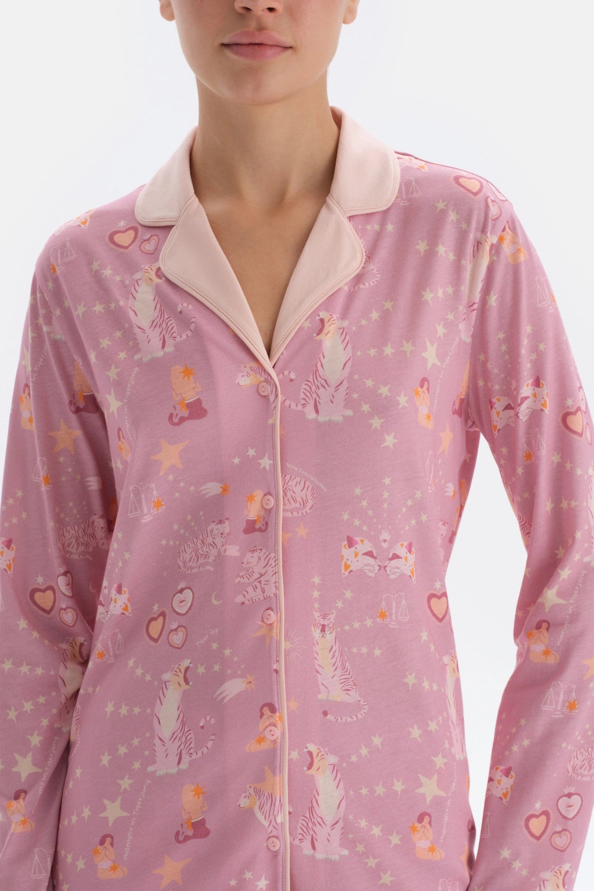 Pembe Metraj Baskılı Gömlek Pantolon Pijama Takımı