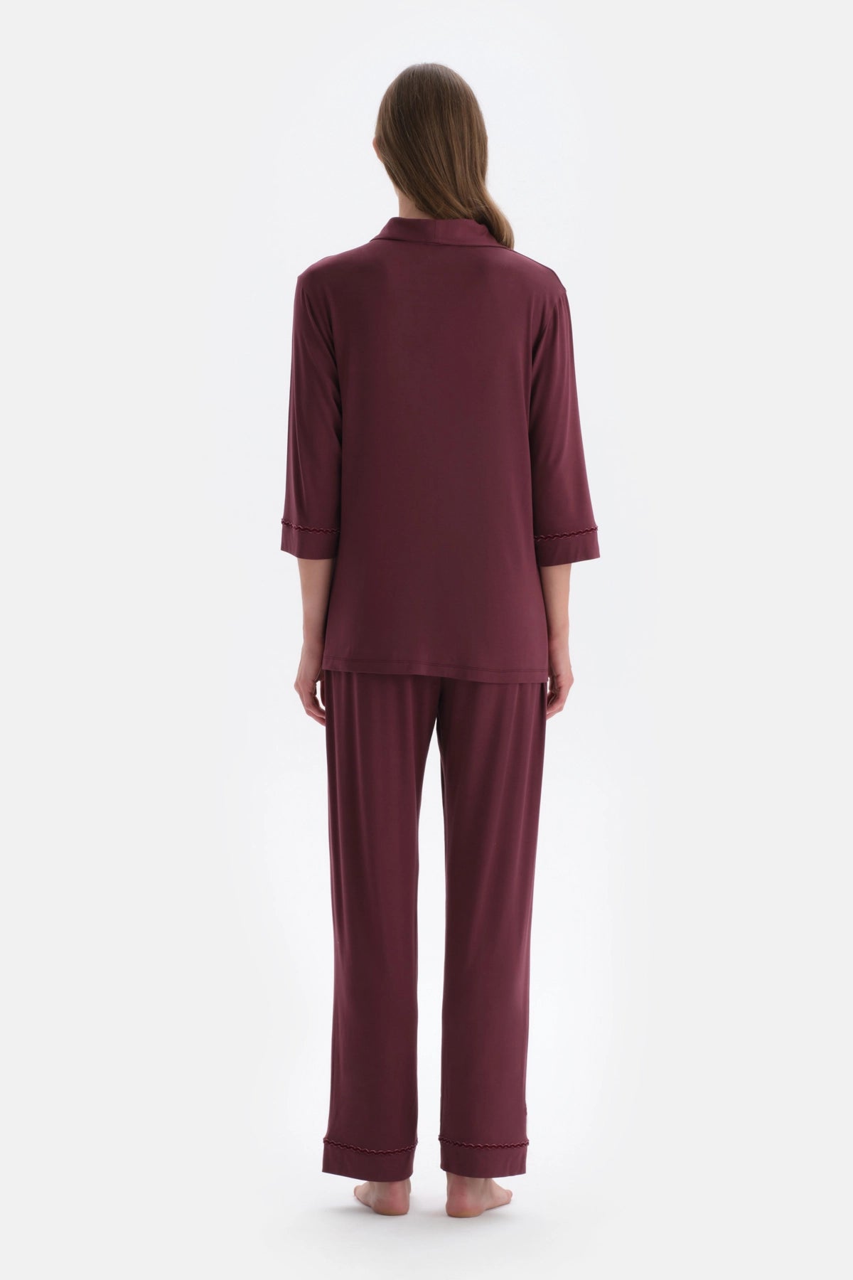 Bordo Kadife Şerit Detaylı Gömlek Pantolon Pijama Takımı