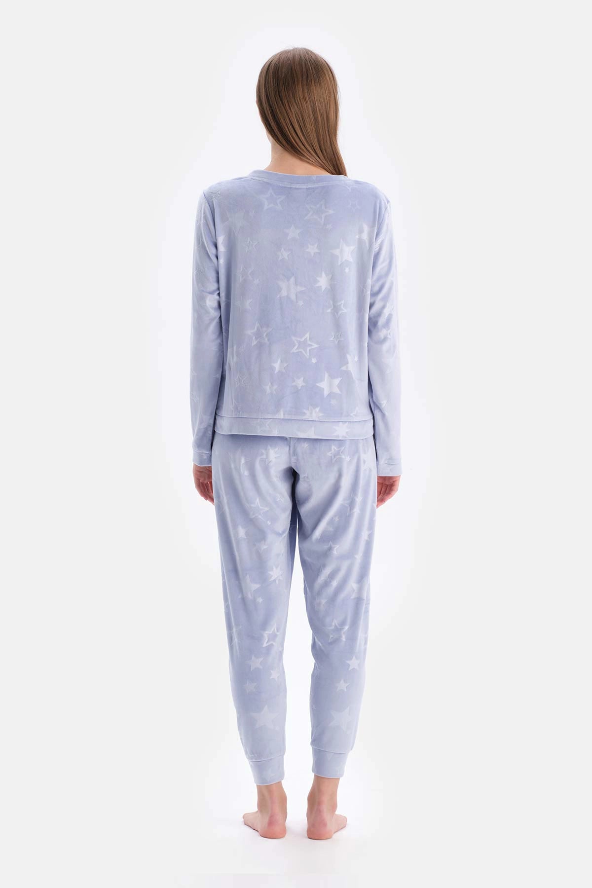 Mavi Gofre Yıldız Detaylı Örme Pijama Takımı