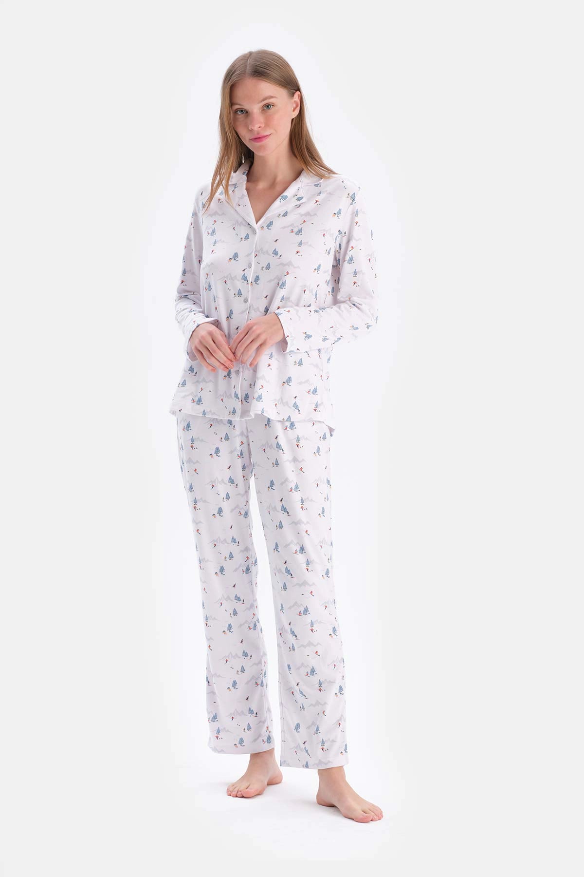 Beyaz Metraj Baskılı Gömlek Pantolon Pijama Takımı
