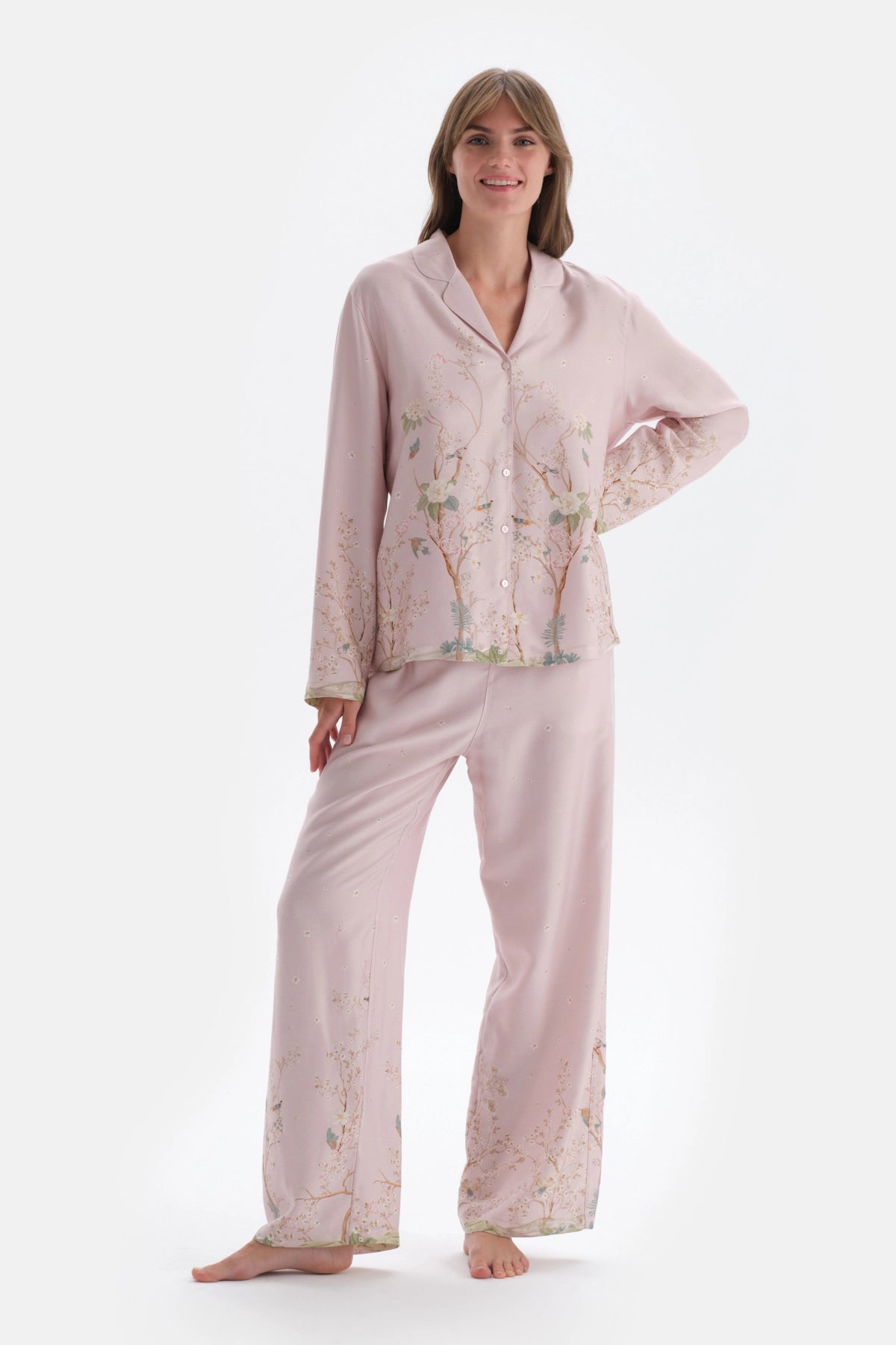 Açık Lila Metraj Baskılı Saten Gömlek Pijama Üstü