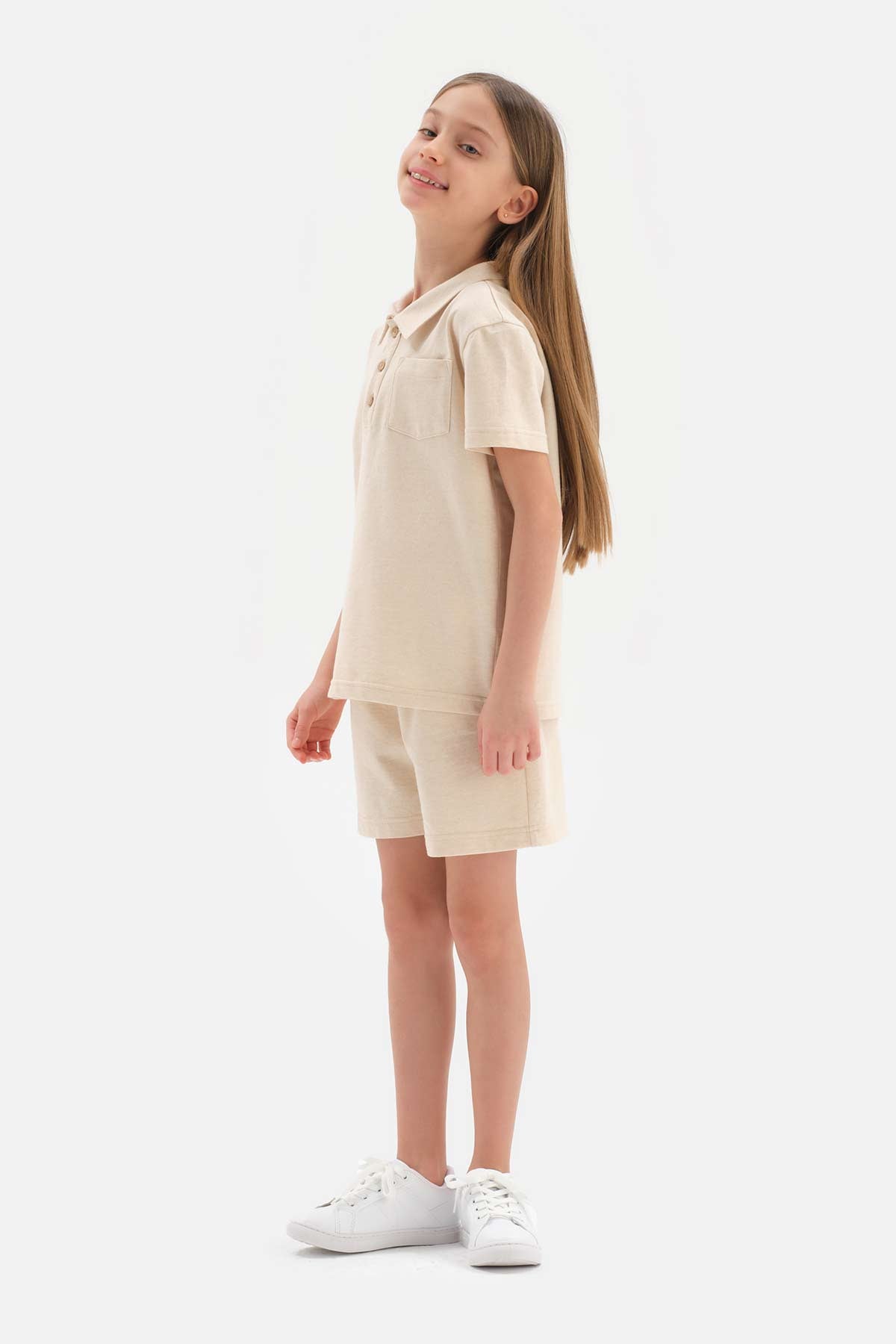 Bej Doğal Renkli Polo Yaka Unısex Tişört