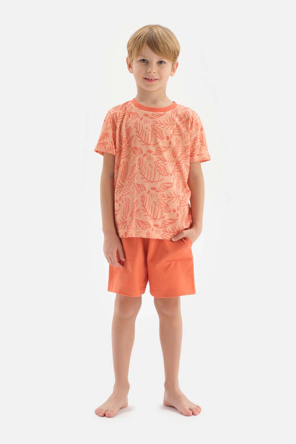 Turuncu Erkek Çocuk Metraj Baskılı Kısa Kol Şortlu Pijama Takımı