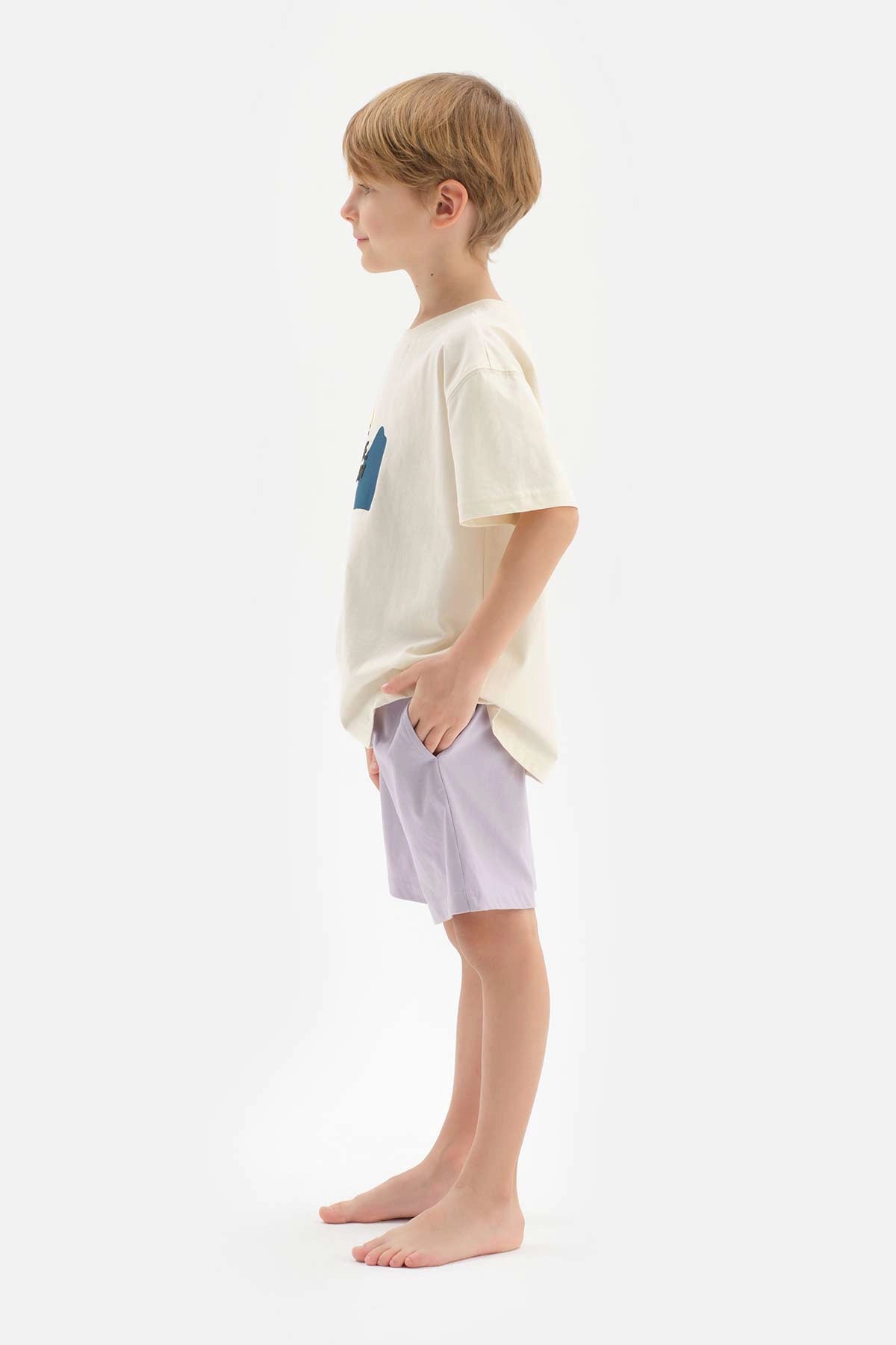 Ekru Erkek Çocuk Slogan Baskılı Kısa Kol Şortlu Pijama Takımı