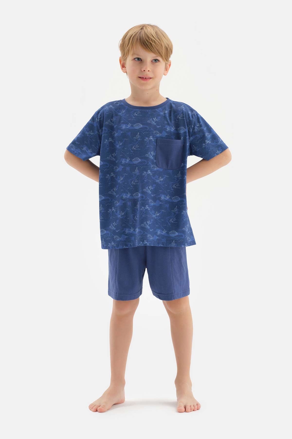 Lacivert Metraj Baskılı Cep Detaylı Şortlu Pijama Takımı