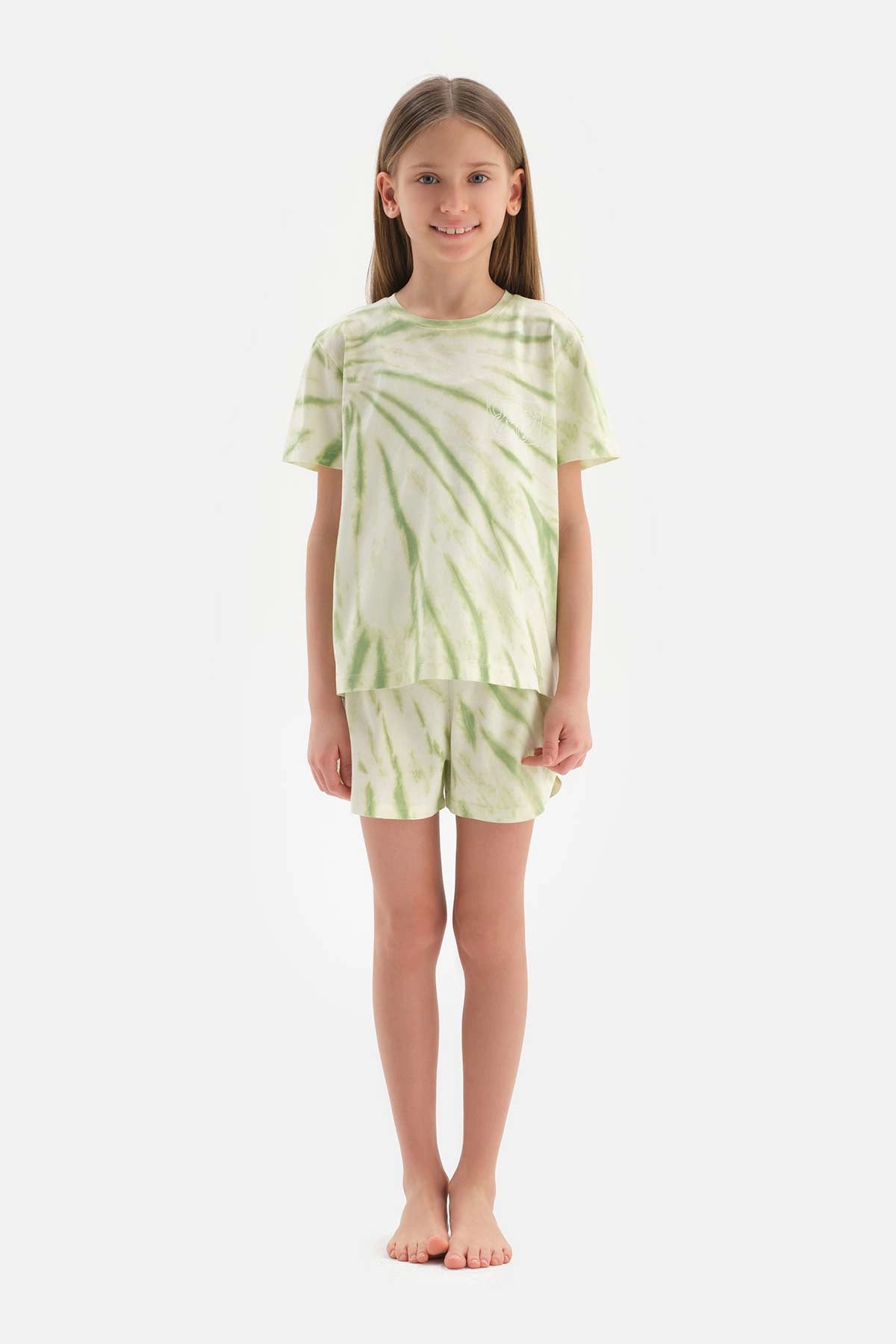 Açık Yeşil Kız Çocuk Metraj Baskılı Kısa Kol Şortlu Pijama Takımı