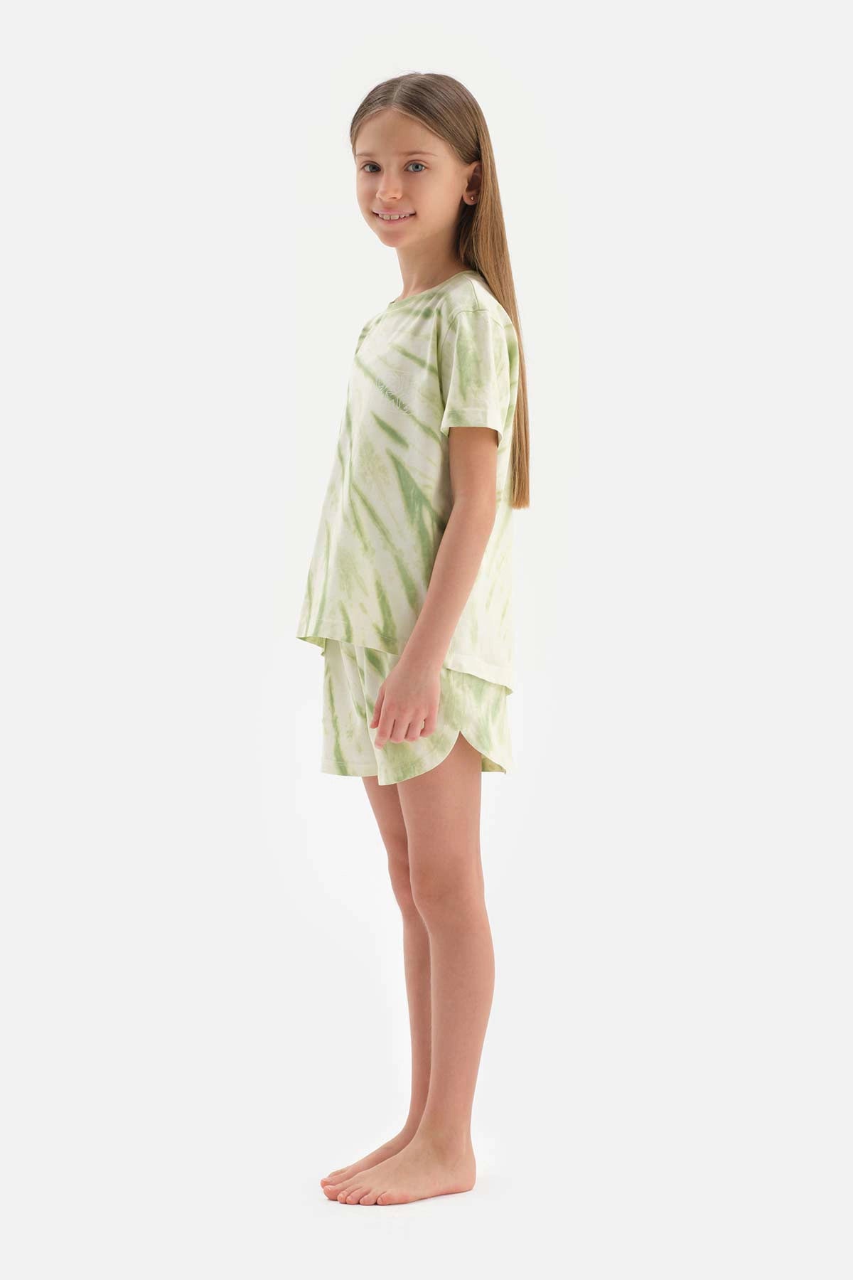 Açık Yeşil Kız Çocuk Metraj Baskılı Kısa Kol Şortlu Pijama Takımı