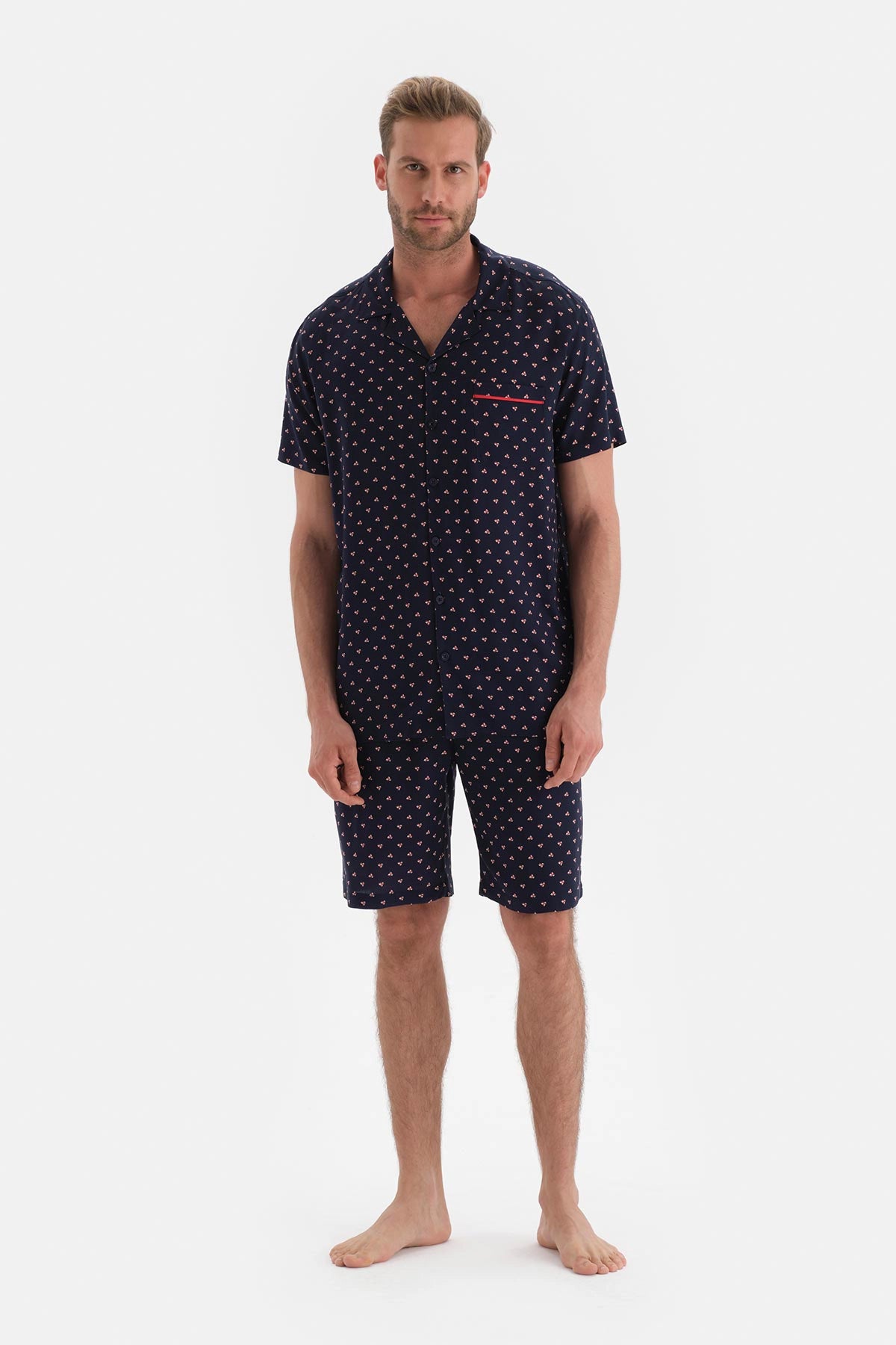 Lacivert Metraj Baskılı Viskon Şort Pijama Altı