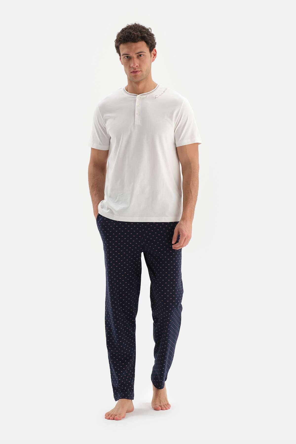 Ekru Uzun Kol Düğmeli Yaka Pamuklu Pijama Takımı