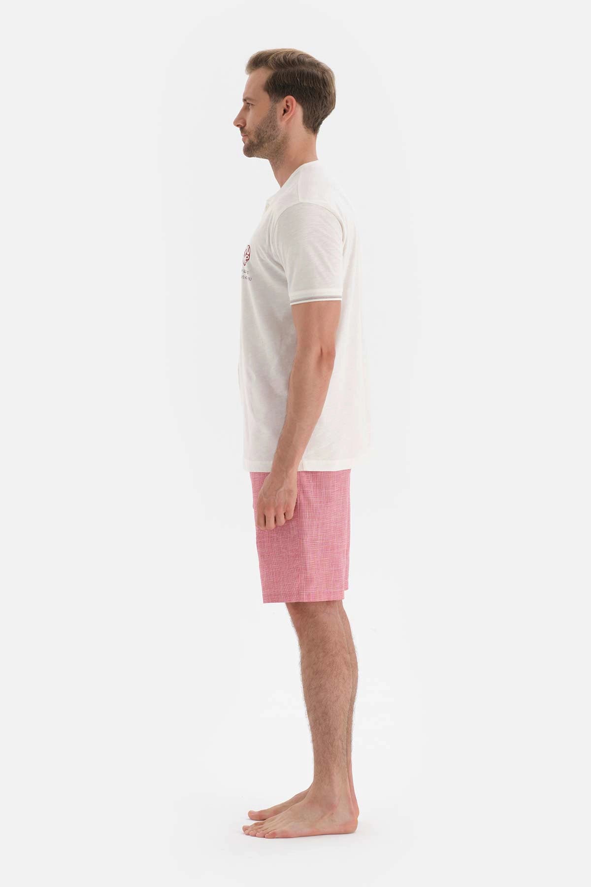Ekru Baskılı Kısa Kol Pamuklu Şortlu Pijama Takımı