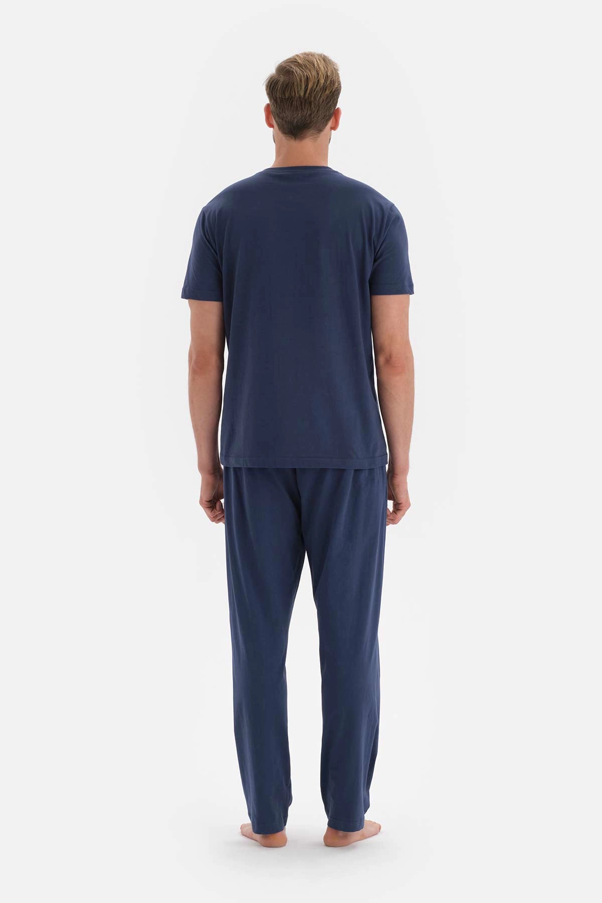Lacivert Kısa Kol Düğmeli Yaka Pamuklu Pijama Takımı