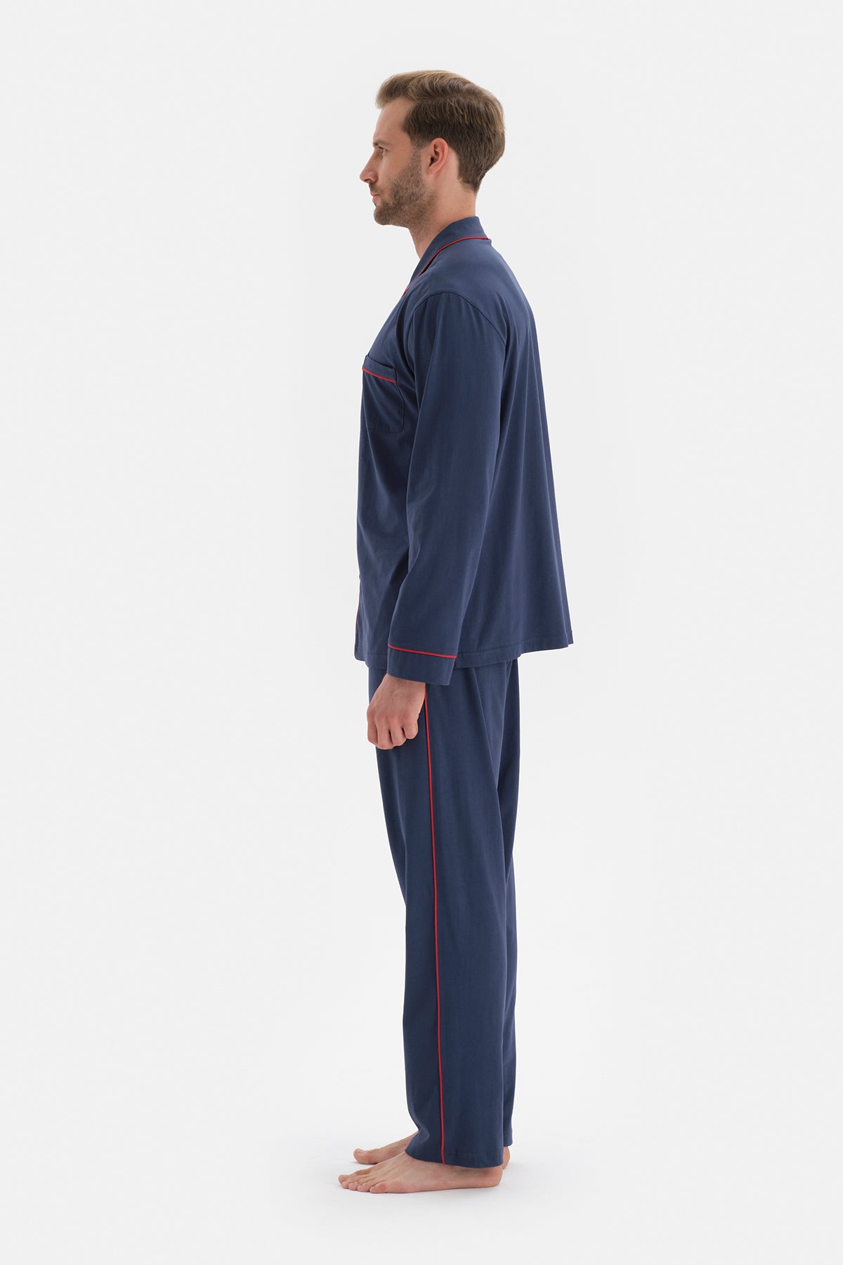 Lacivert Uzun Kol Gömlek Yaka Pamuklu Pijama Takımı
