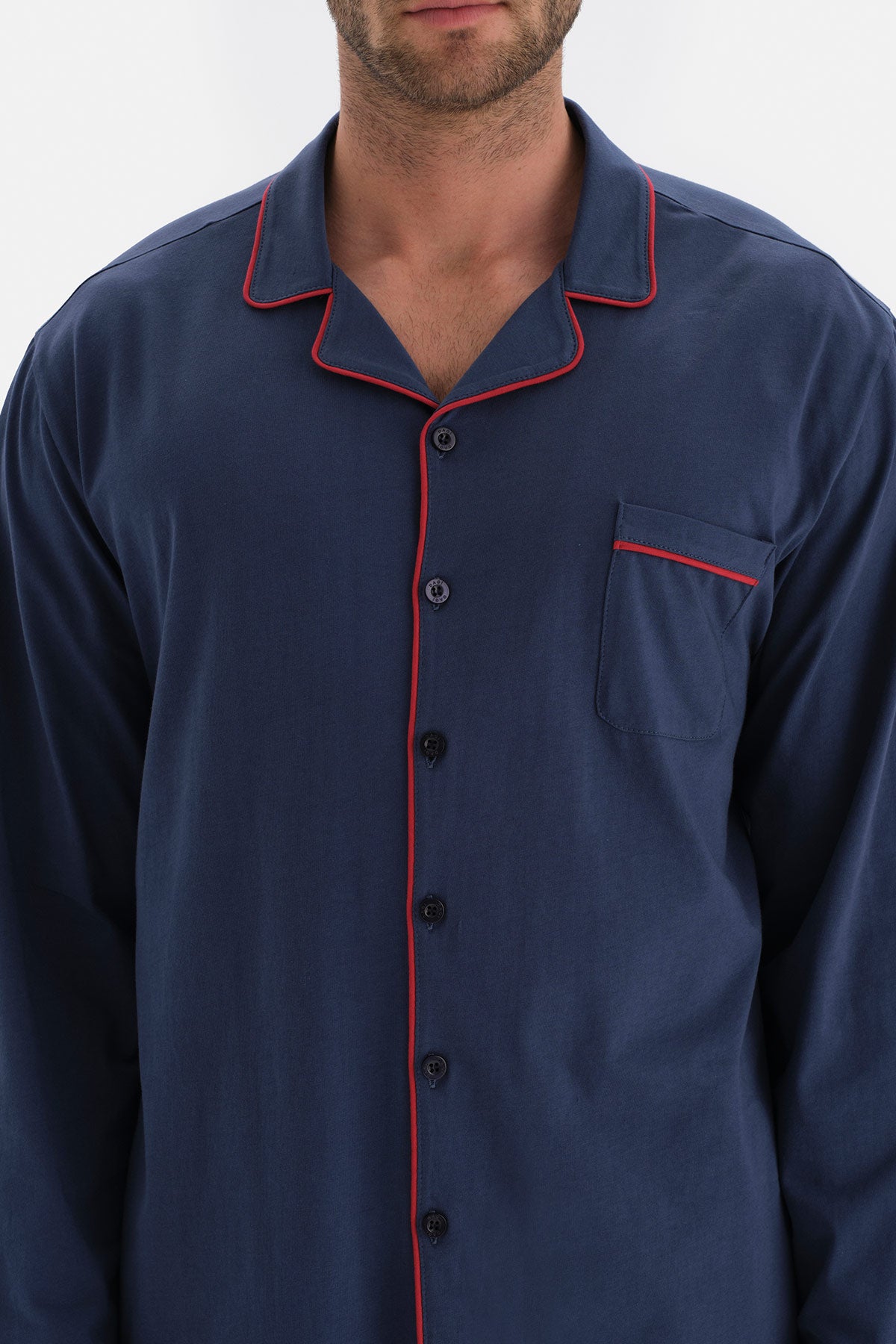 Lacivert Uzun Kol Gömlek Yaka Pamuklu Pijama Takımı