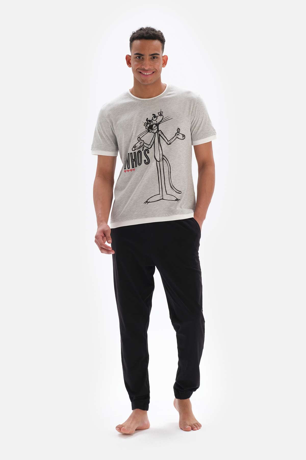 Gri Kısa Kol Panter Lisanslı Pamuklu Pijama Takımı