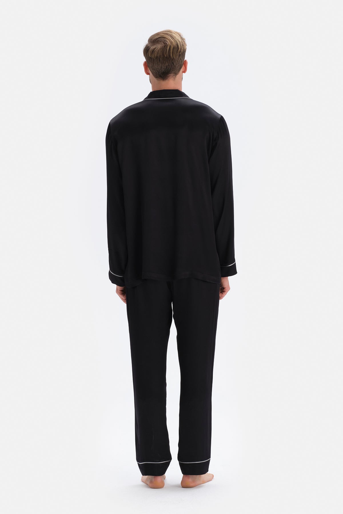 Siyah Uzun Kol Saten Damat Pijama Takımı