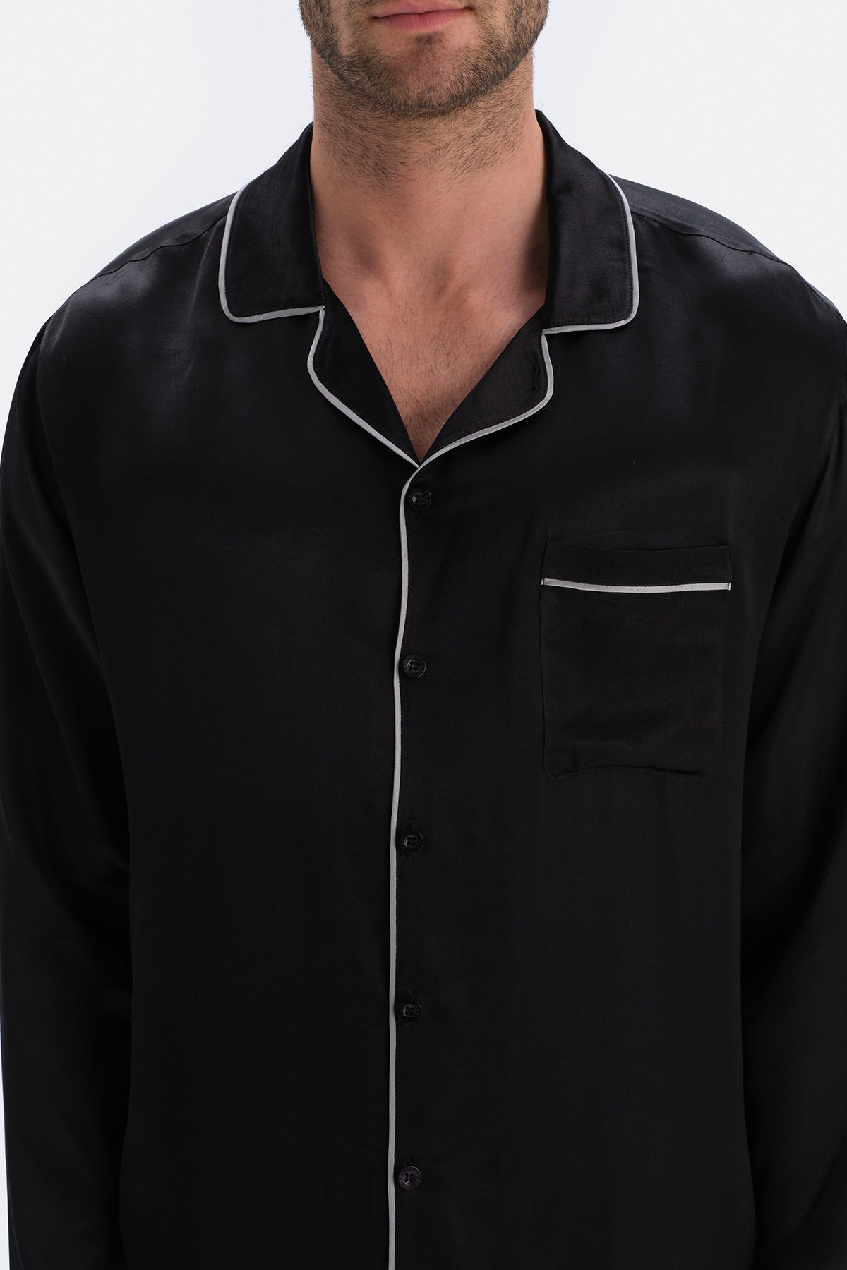 Siyah Uzun Kol Saten Damat Pijama Takımı