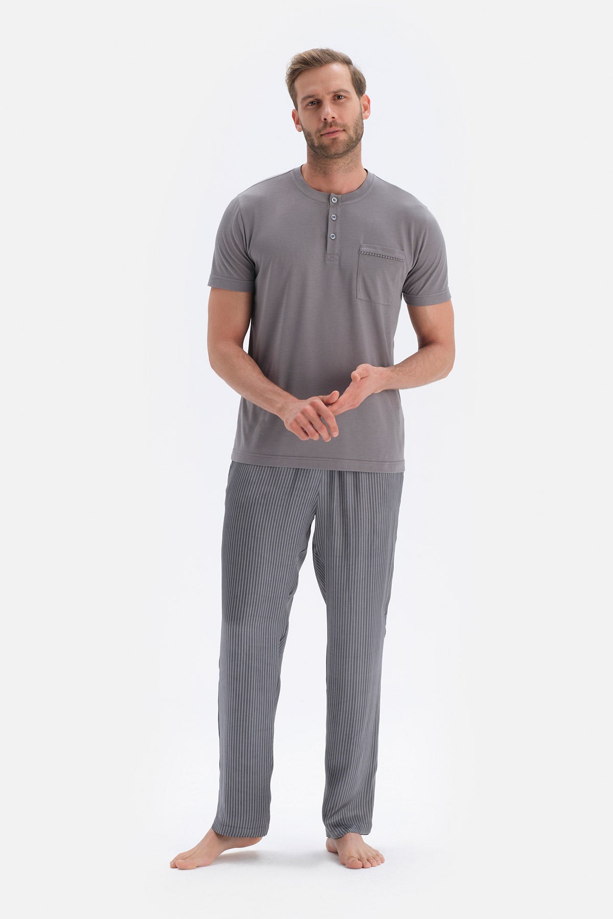 Gri T-Shirt Pantolon Şort Üçlü Set Damat Pijama Takımı
