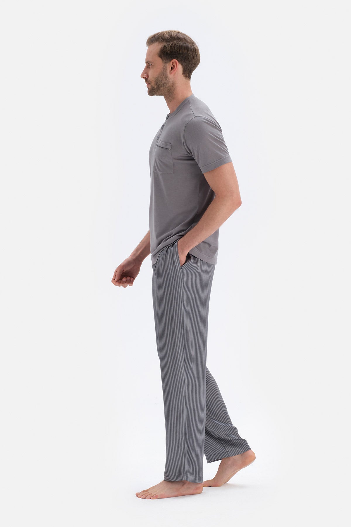 Gri T-Shirt Pantolon Şort Üçlü Set Damat Pijama Takımı