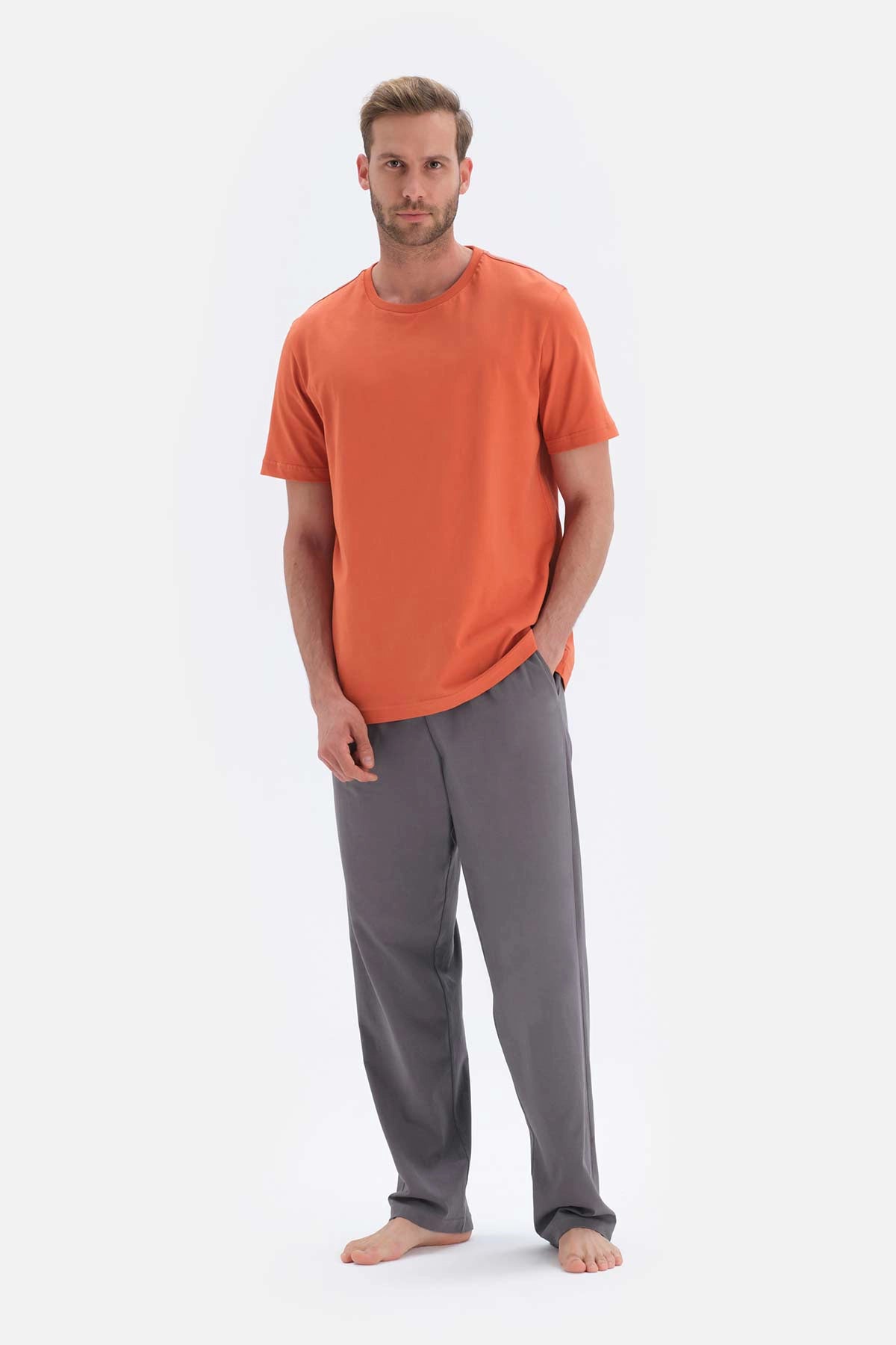Turuncu Kısa Kollu Basıc Örme Pijama Takımı