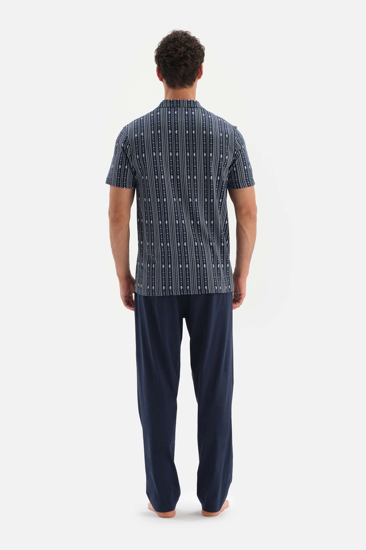Lacivert Gömlek Yaka Baskılı Üst Örme Pijama Takımı