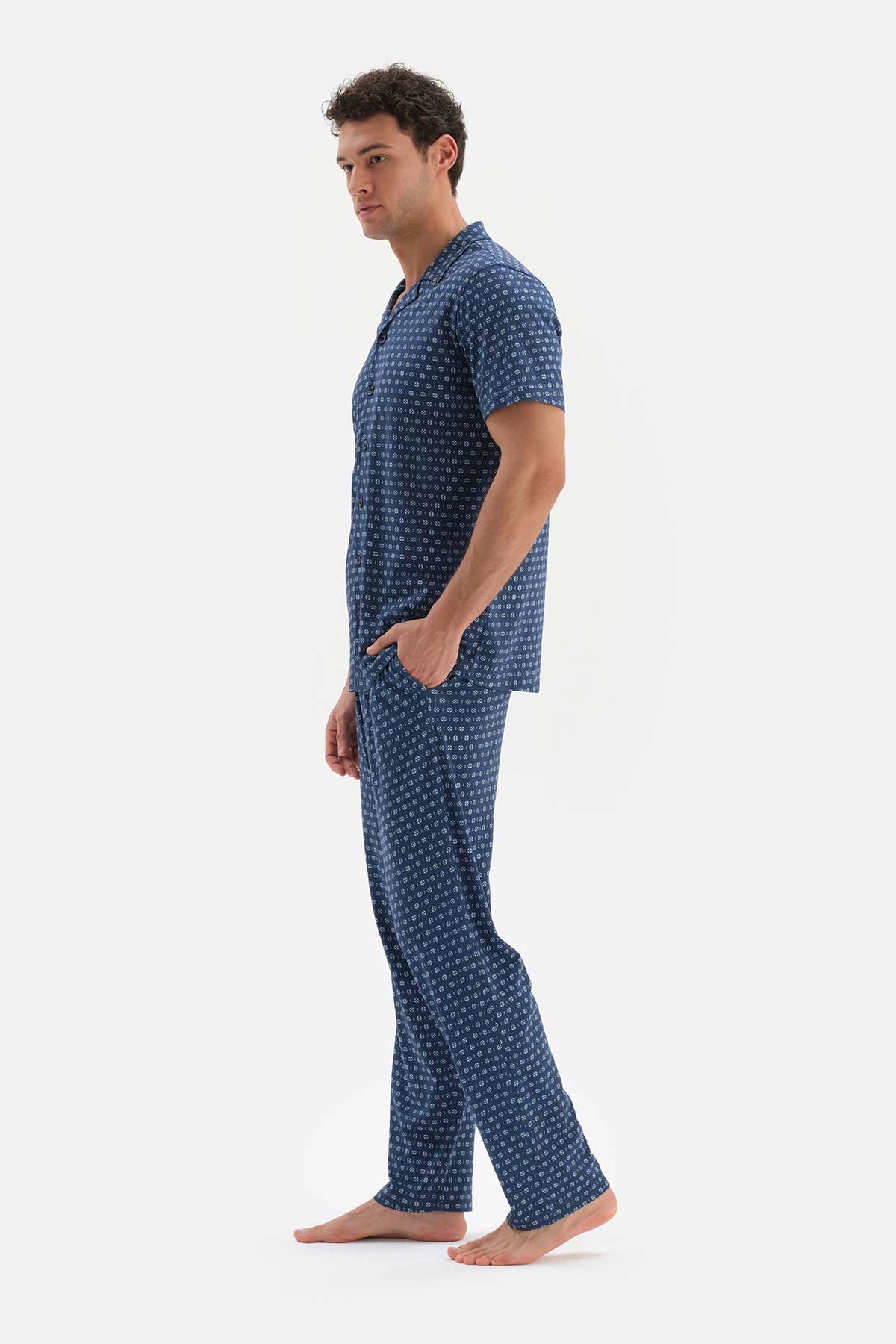 Lacivert Metraj Baskılı Gömlek Yaka Modal Pijama Takımı