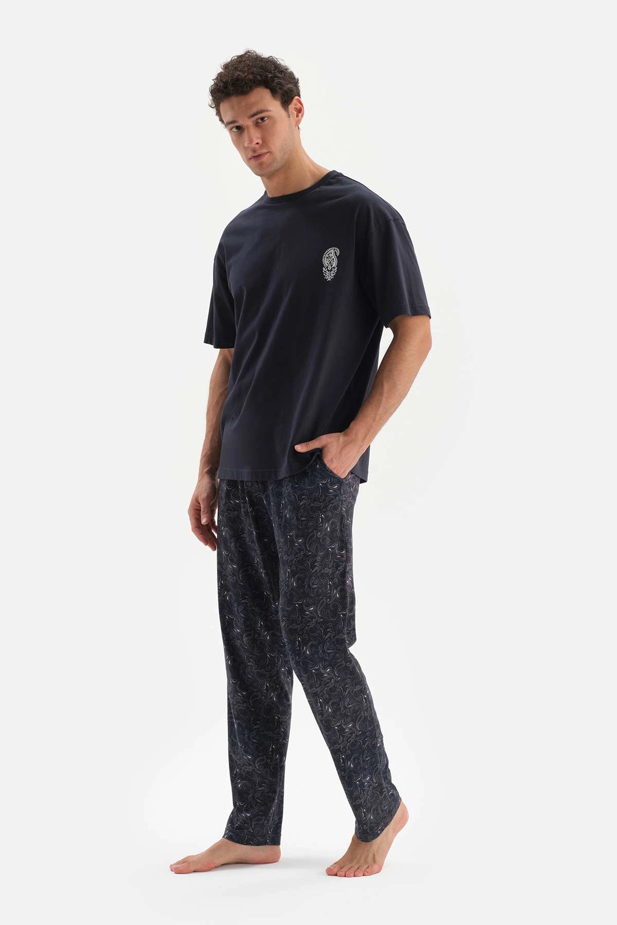 Lacivert Desenli Kısa Kol Modal Pijama Takımı