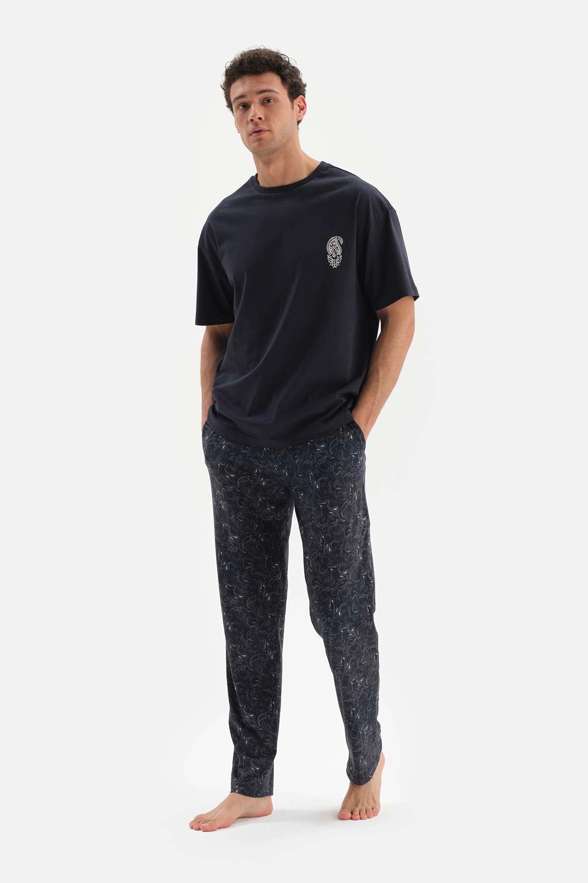 Lacivert Desenli Kısa Kol Modal Pijama Takımı