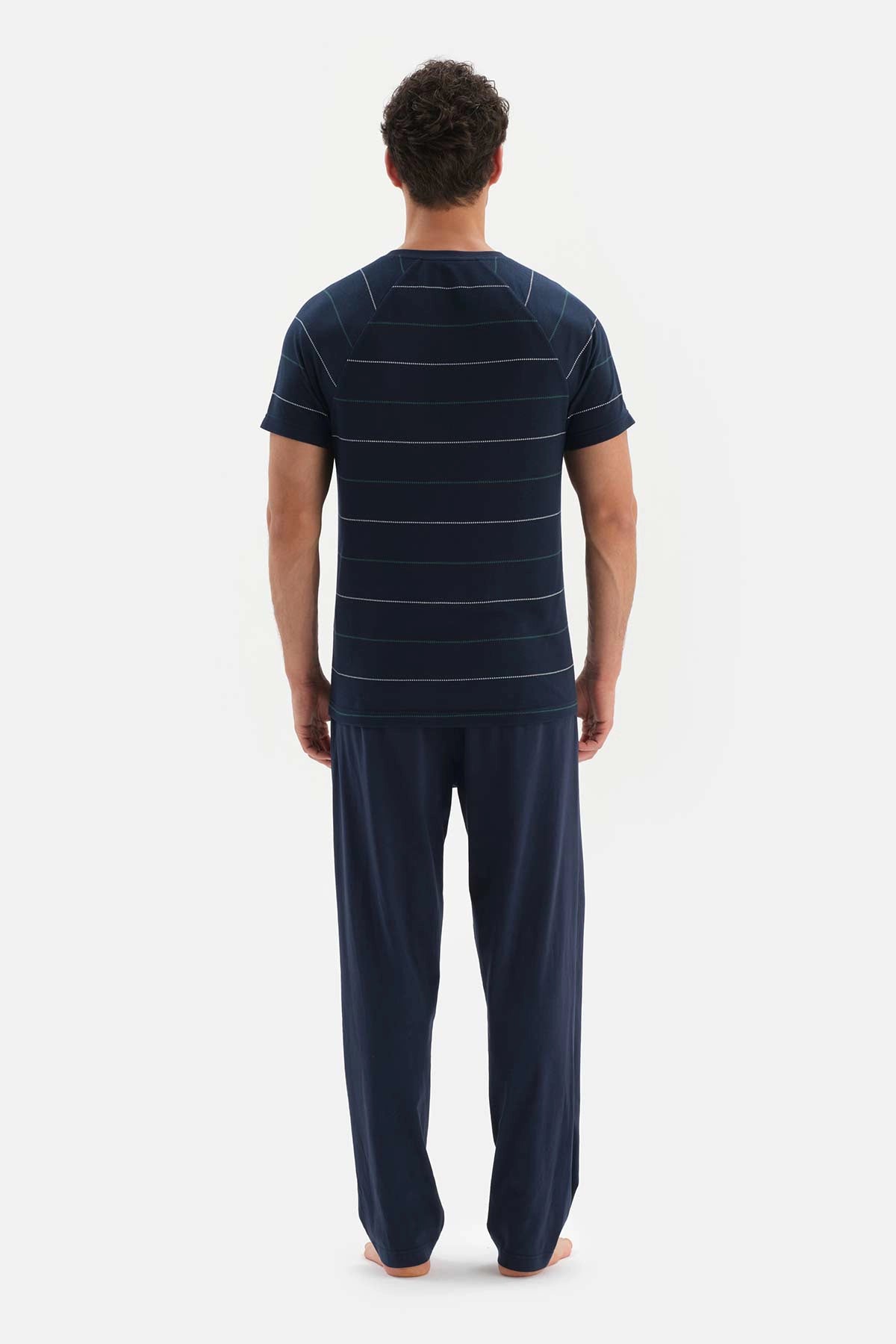 Lacivert Çizgili Düğmeli Yaka Pamuklu Pijama Takımı