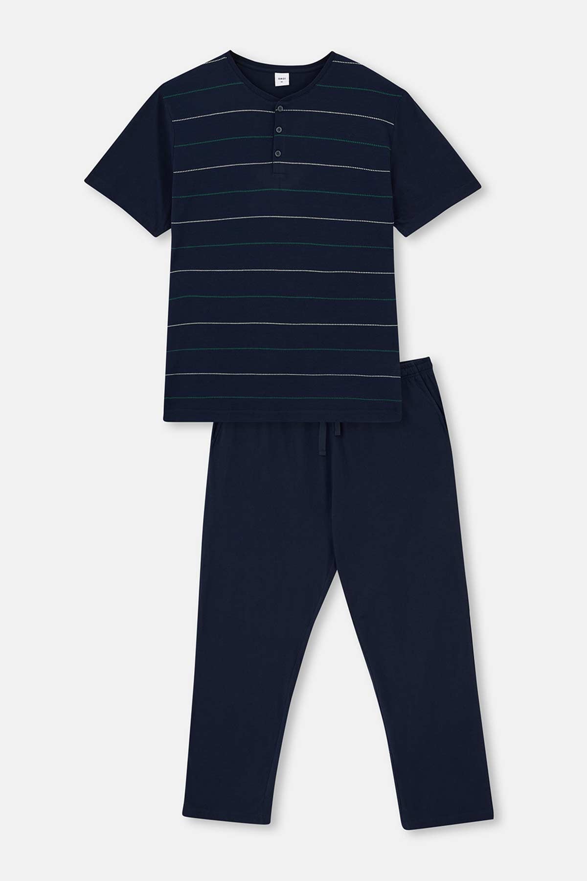 Lacivert Yarım Patlı Çizgili Jakarlı Örme Pijama Takımı