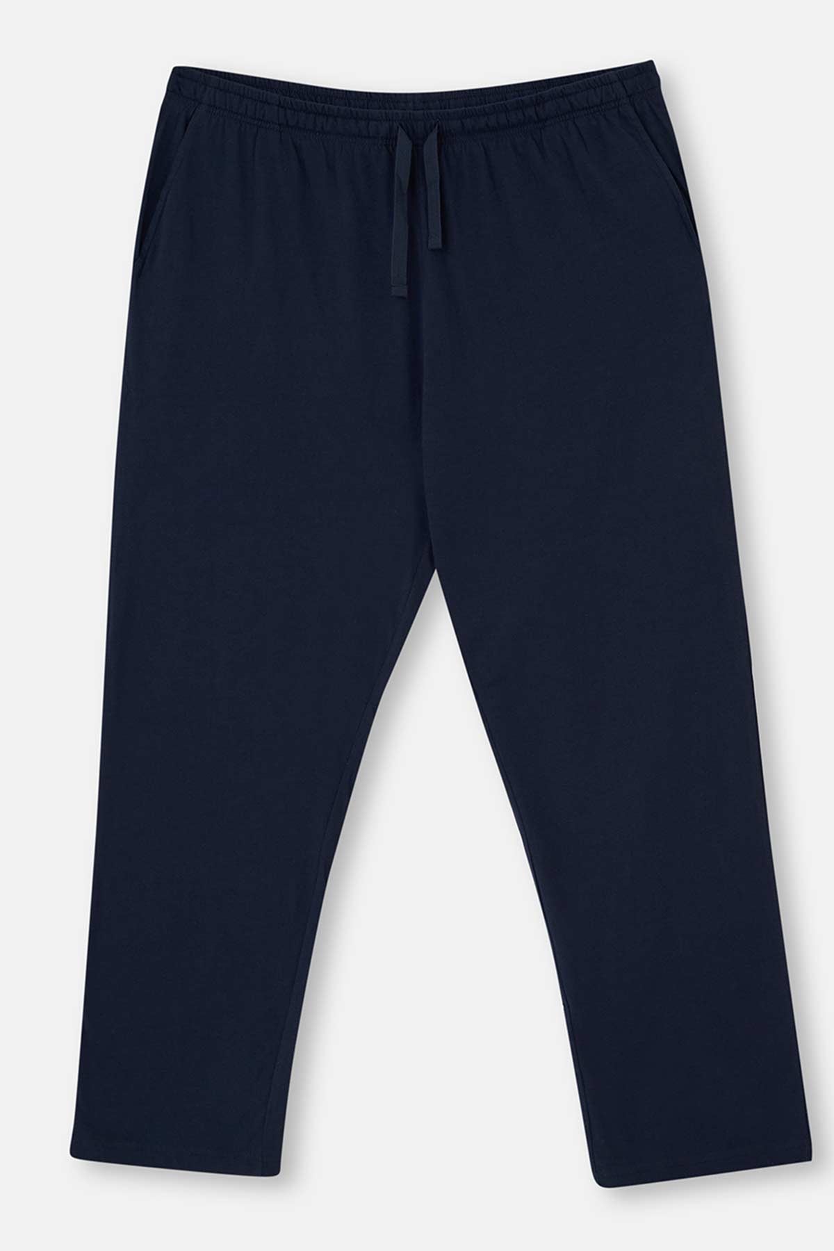Lacivert Yarım Patlı Çizgili Jakarlı Örme Pijama Takımı