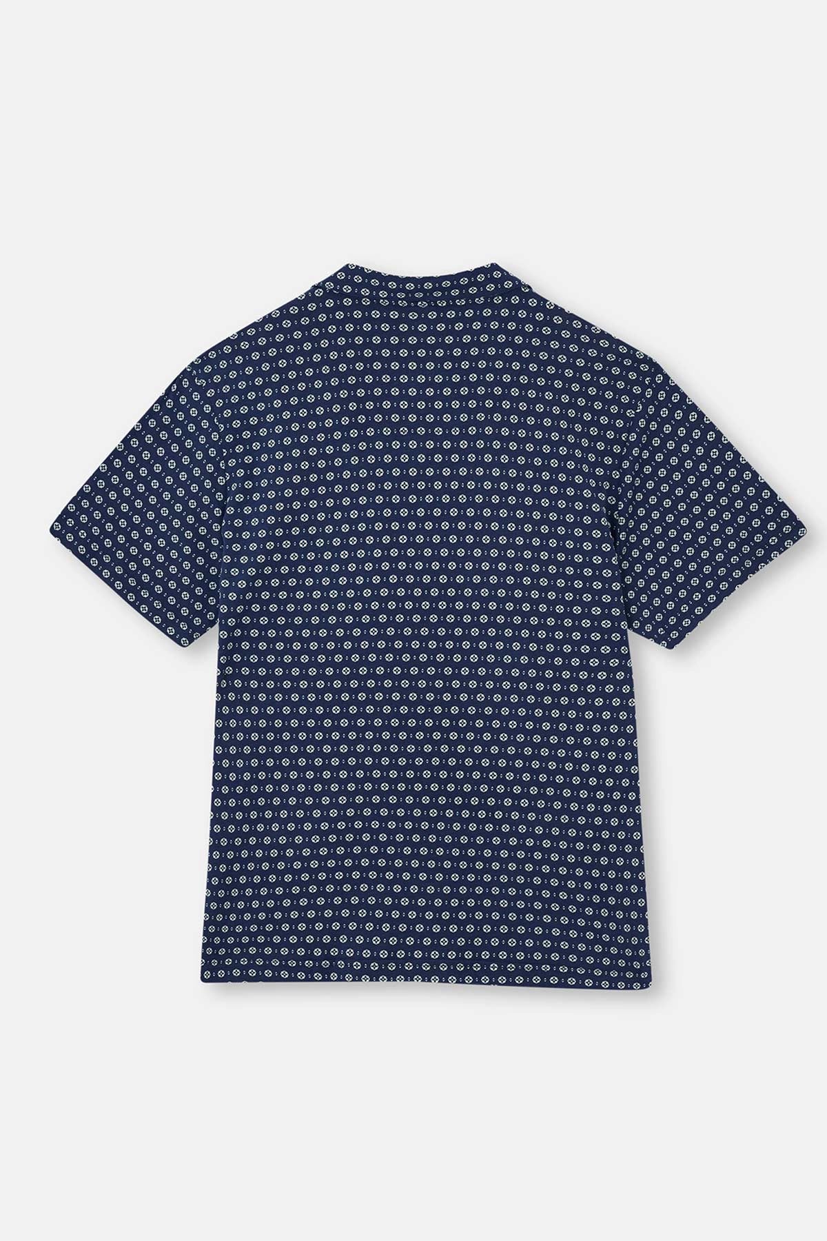Lacivert Gömlek Yaka Metraj Baskılı Pijama Takımı