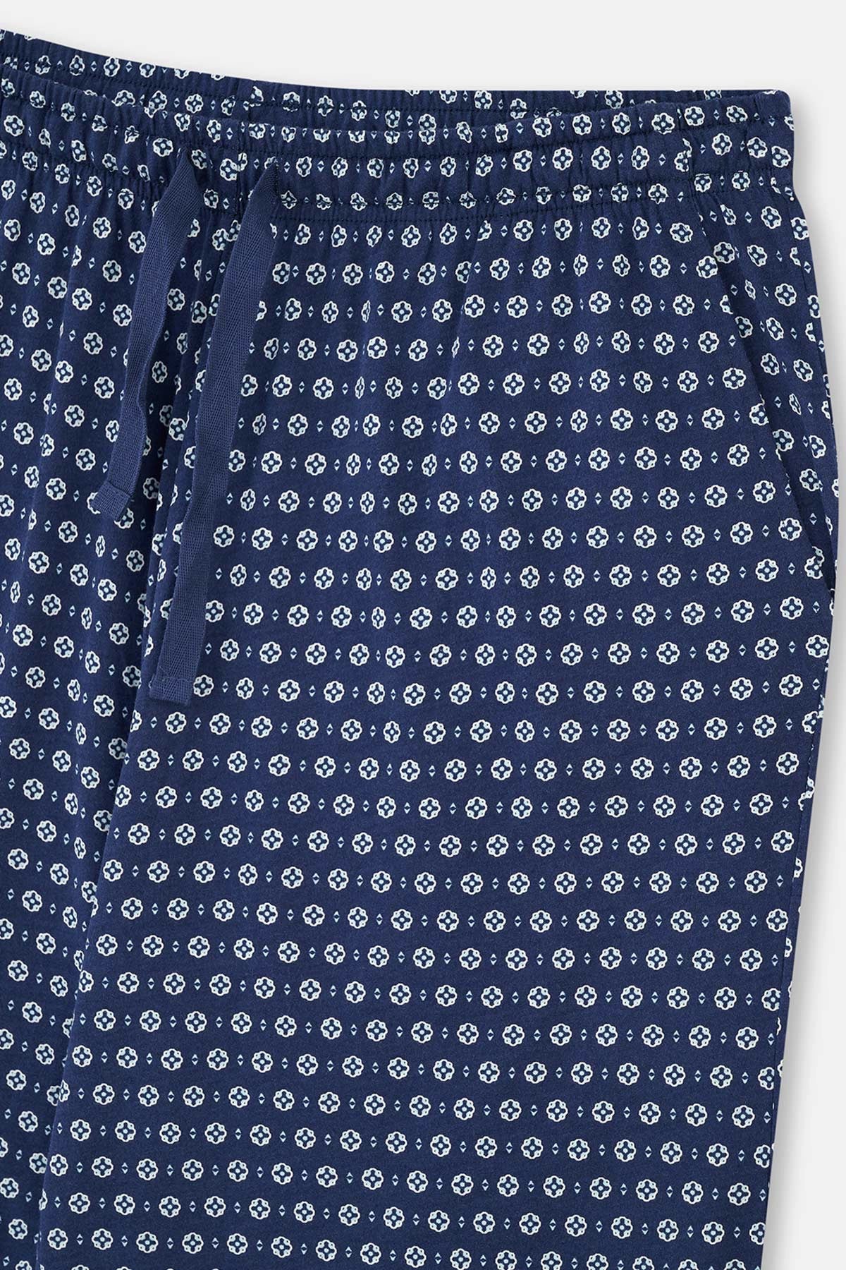Lacivert Gömlek Yaka Metraj Baskılı Pijama Takımı