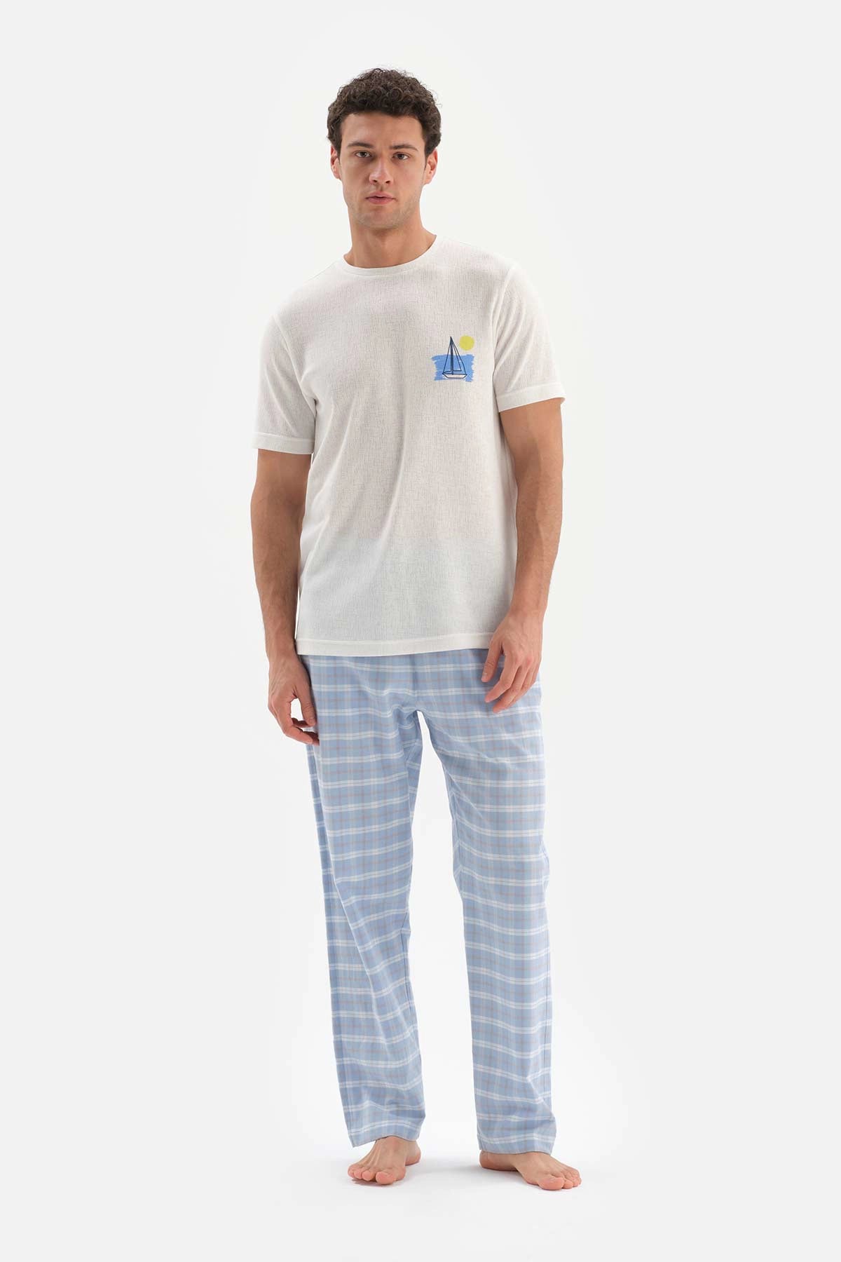 Ekru Bisiklet Yaka Kısa Kollu Altı Dokuma Pijama Takımı