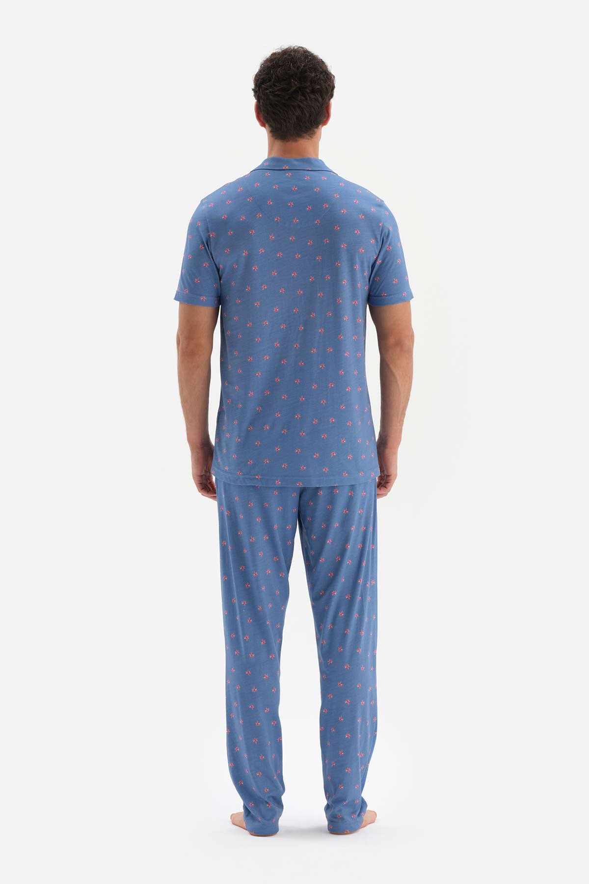 Mavi Gömlek Yaka Mikroprınt Baskılı Pijama Takımı