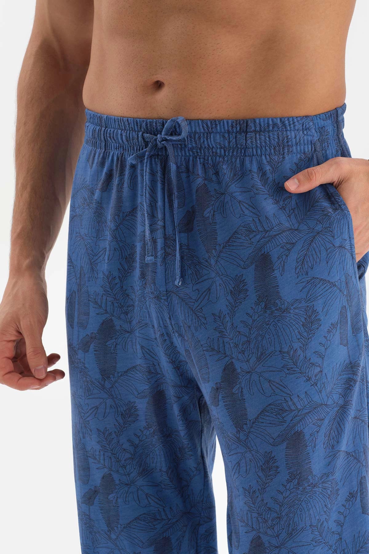 Mavi Gömlek Yaka Metraj Baskılı Pamuk Modal Pijama Takımı